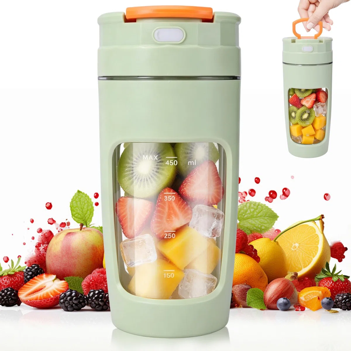 Frullatore Portatile, 500 ml Ricaricabile Mini Frullatore Personale con 4 Lame in Acciaio Inox, Bicchiere da Viaggio con Coperchio Antiperdita, per Frullati, Succhi e Frutta Congelata