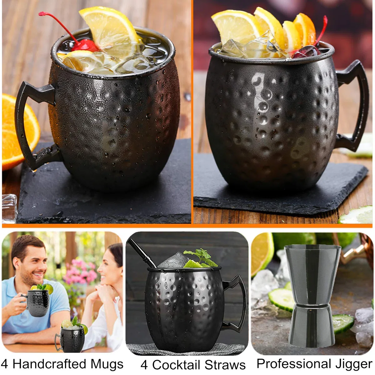 SuproBarware Moscow Mule - Set di 4 tazze con doppio jigger, in acciaio inox placcato nero, 18oz, perfetto per bevande fredde 4 pezzi, colore nero.