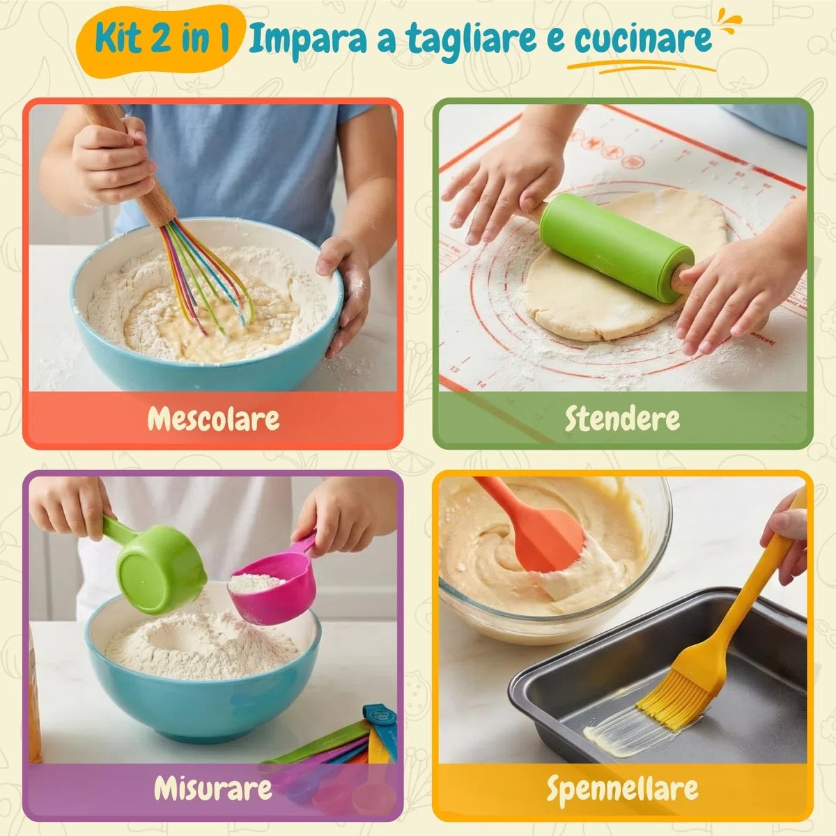 Set Cucina Bambini Montessori - Utensili Veri e Sicuri, Coltelli Antitaglio per Cucinare - Kit Pasticceria con Attrezzi e Coltello, Gioco Educativo, Regalo Bambina e Bambino 3 Anni