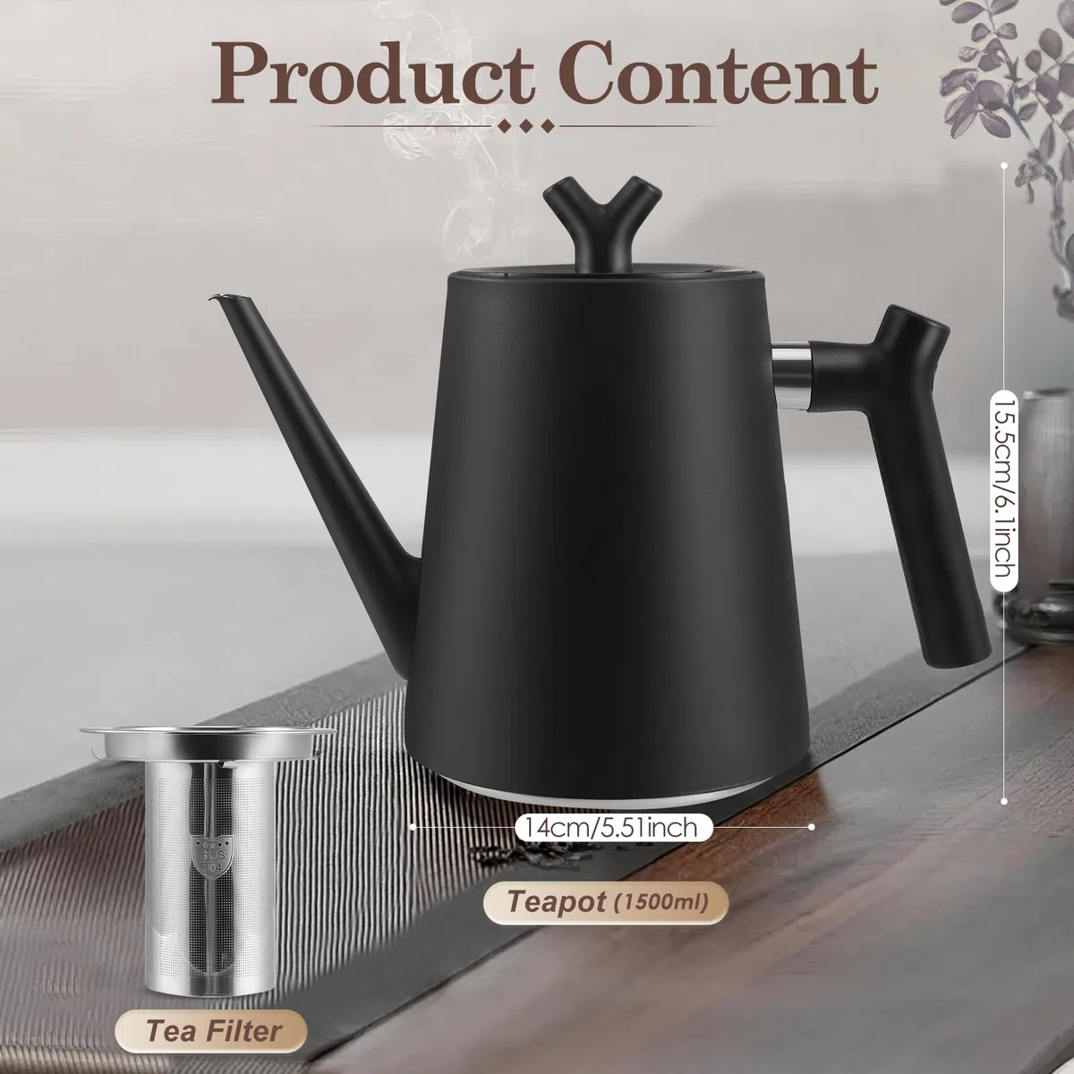 Teiera termica con colino da tè, 1,5 litri, in acciaio inox, a doppia parete, colore nero, con filtro per tè e caffè, 100% antigoccia, adatta a tutti i piani cottura, design moderno