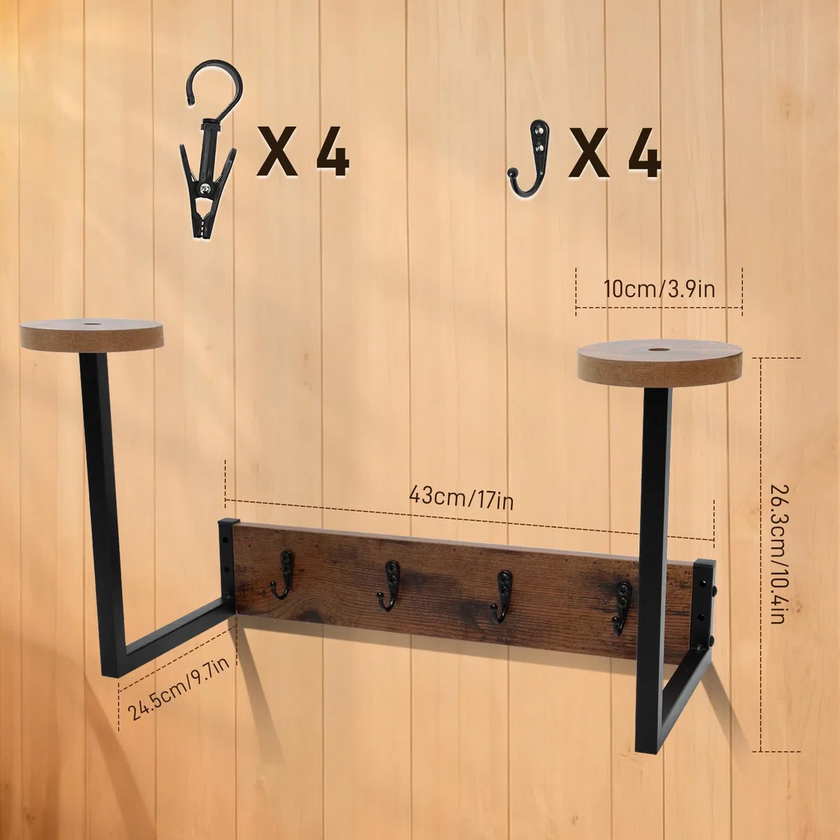 Porta Casco da Parete Appendi Casco Moto da Parete Porta Cappelli in Legno, 2 Supporti per Casco Tattico, 4 Ganci in Metallo e Clip, Appendiabiti per Cappelli, Asciugamani, Borse, Sciarpe