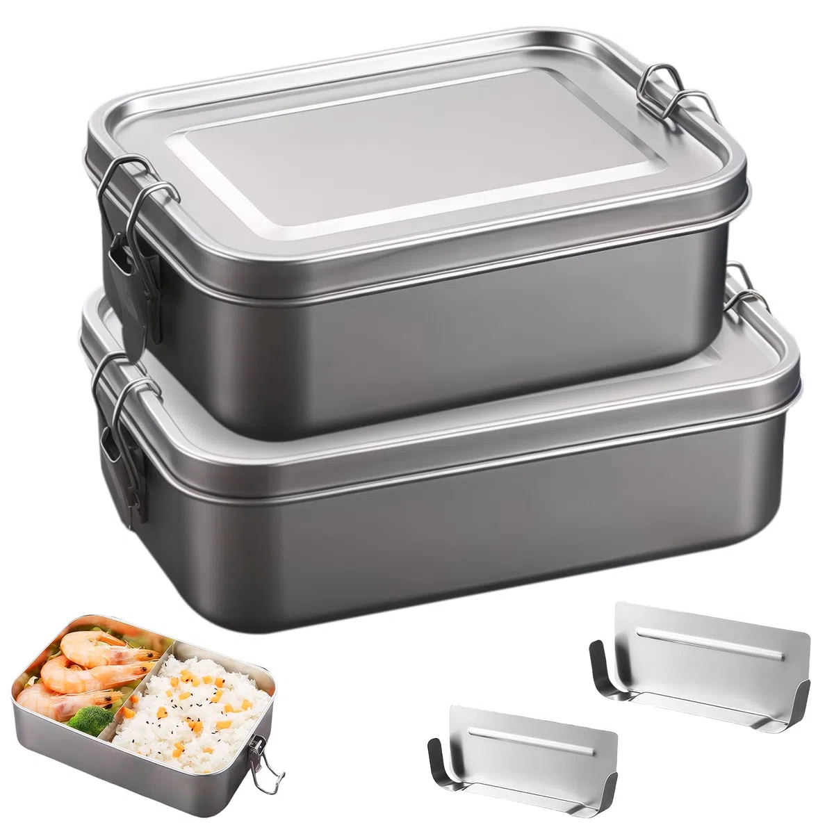 Set di 2 contenitori per il pranzo in acciaio inox con divisorio, 850 ml + 1400 ml, a prova di perdite, lavabili in lavastoviglie e impilabili, 304 contenitori per alimenti per lavoro e