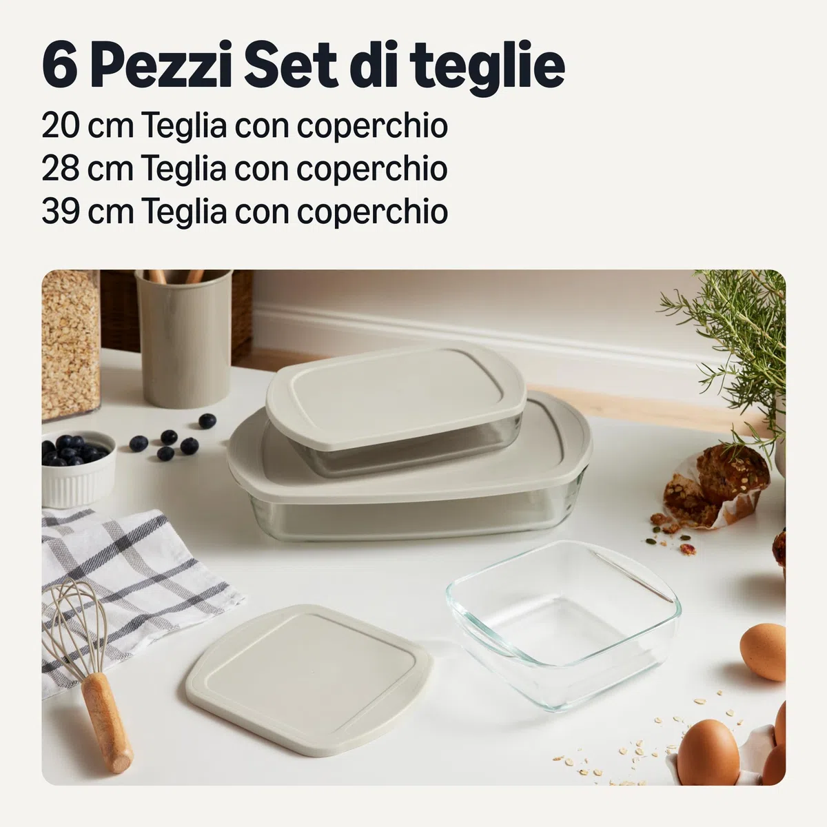 Amazon Basics Teglie da Forno in Vetro con Coperchi Senza BPA, Set di 6 Pezzi in Vetro Borosilicato, Lavabili in Lavastoviglie e Adatte al Forno, Grigio Lino