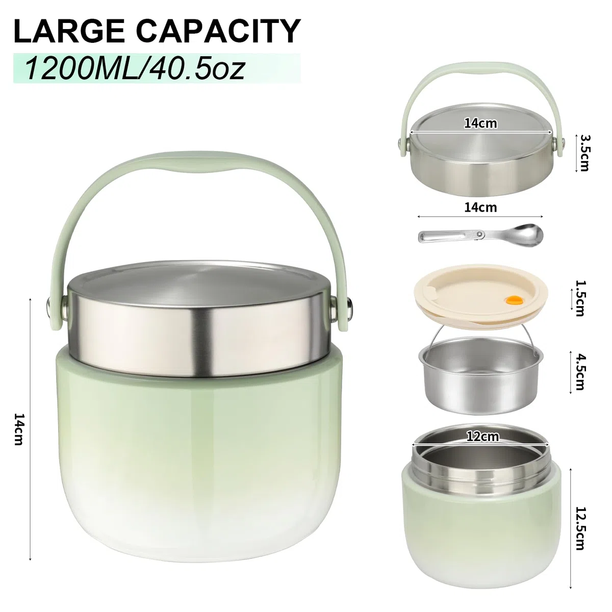 VINATO Porta Pranzo Termico 1.2L Lunch Box Termico Bento Box in Acciaio Inossidabile Antigoccia, BPA-Free con Cucchiaio - per Ufficio, Scuola, Escursioni