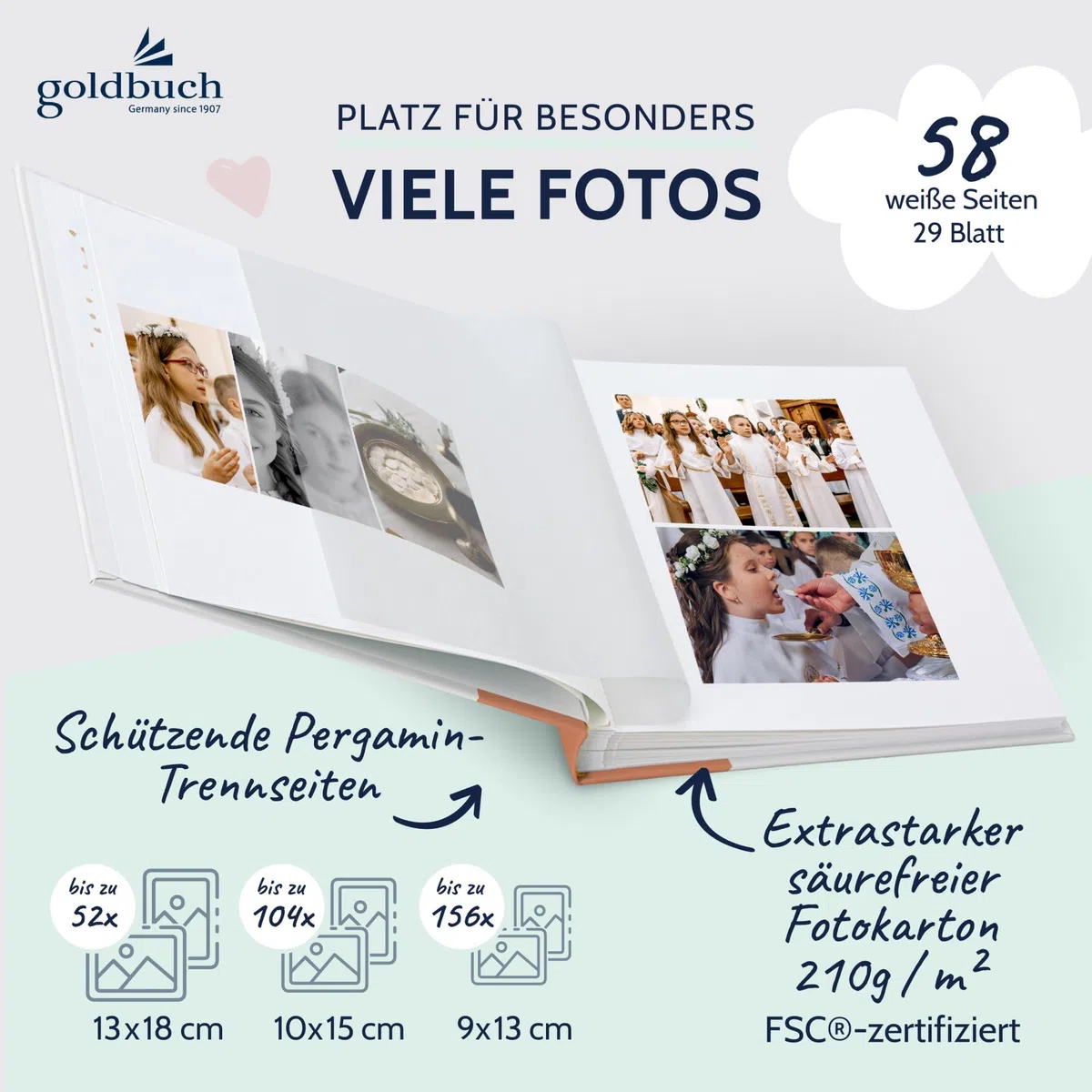 goldbuch 03 038 - Album fotografico Comunione Blütenzauber, 25 x 25 cm, 44 pagine bianche con divisori in pergamena, 4 pagine illustrate, 6 pagine di design da incollare, stampa artistica, colore