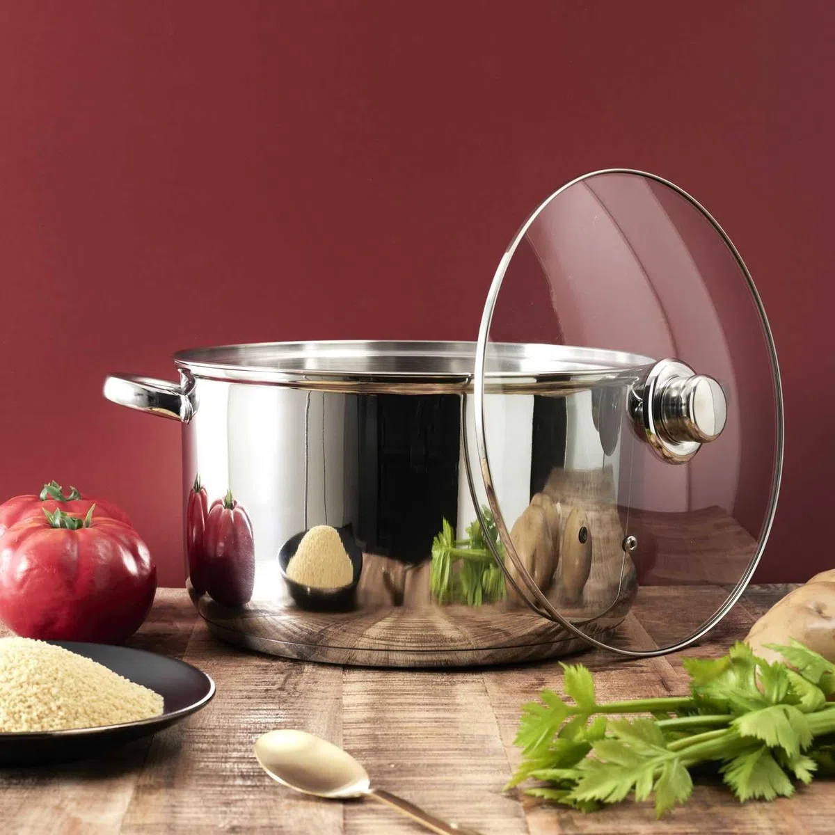 Cook Concept, KC0005, pentola in Metallo con Coperchio in Vetro, capacità 10 l, Compatibile con Tutte Le fonti di Calore, Ideale per zuppe e stufati, Design Elegante, Finitura Argento, 10 l Argento