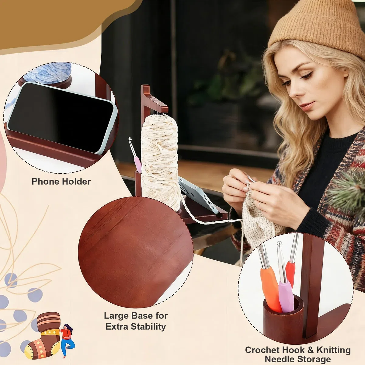 Porta Gomitolo Magnetico in Legno, Supporto Filo Multifunzione con Portacellulare & Custodia, Accessorio Portatile per Uncinetto, Maglia, Idea Regalo per Appassionati