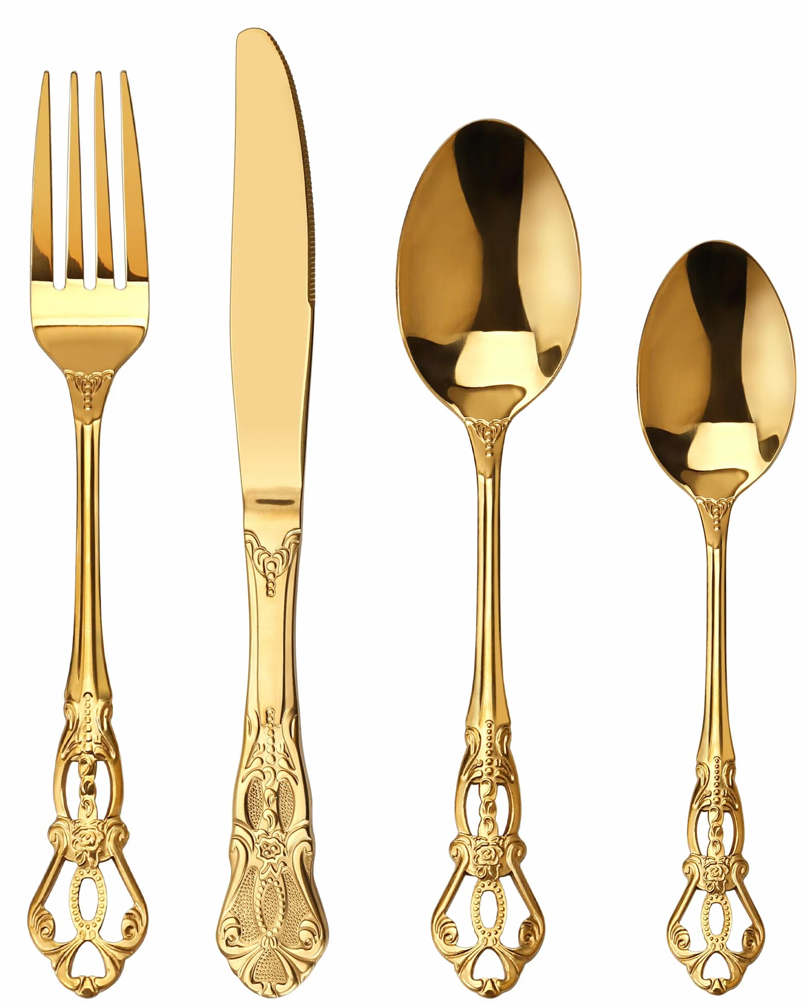 Set Posate 24 Pezzi Stile Retro Oro - Elegante Servizio per 6 Persone, Posate in Acciaio Inox con Finitura Antica Barocca, Set Completo con Forchette, Cucchiai e Coltelli