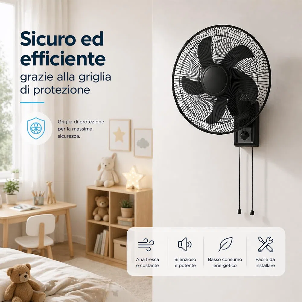 BAKAJI Ventilatore da Parete con Griglia da 43cm, 3 Livelli di Velocità Selezionabili, 5 Pale, 65 Watt di Potenza con Oscillazione Laterale Automatica