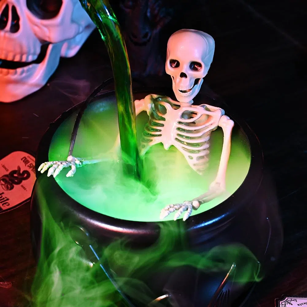 Starnearby Decorazioni Halloween Calderone con Scheletro, Calderone Strega Halloween con Bottiglia di Pozione Magica Galleggiante e Diffusore, Calderoni in Plastica con Fumo (25 CM)