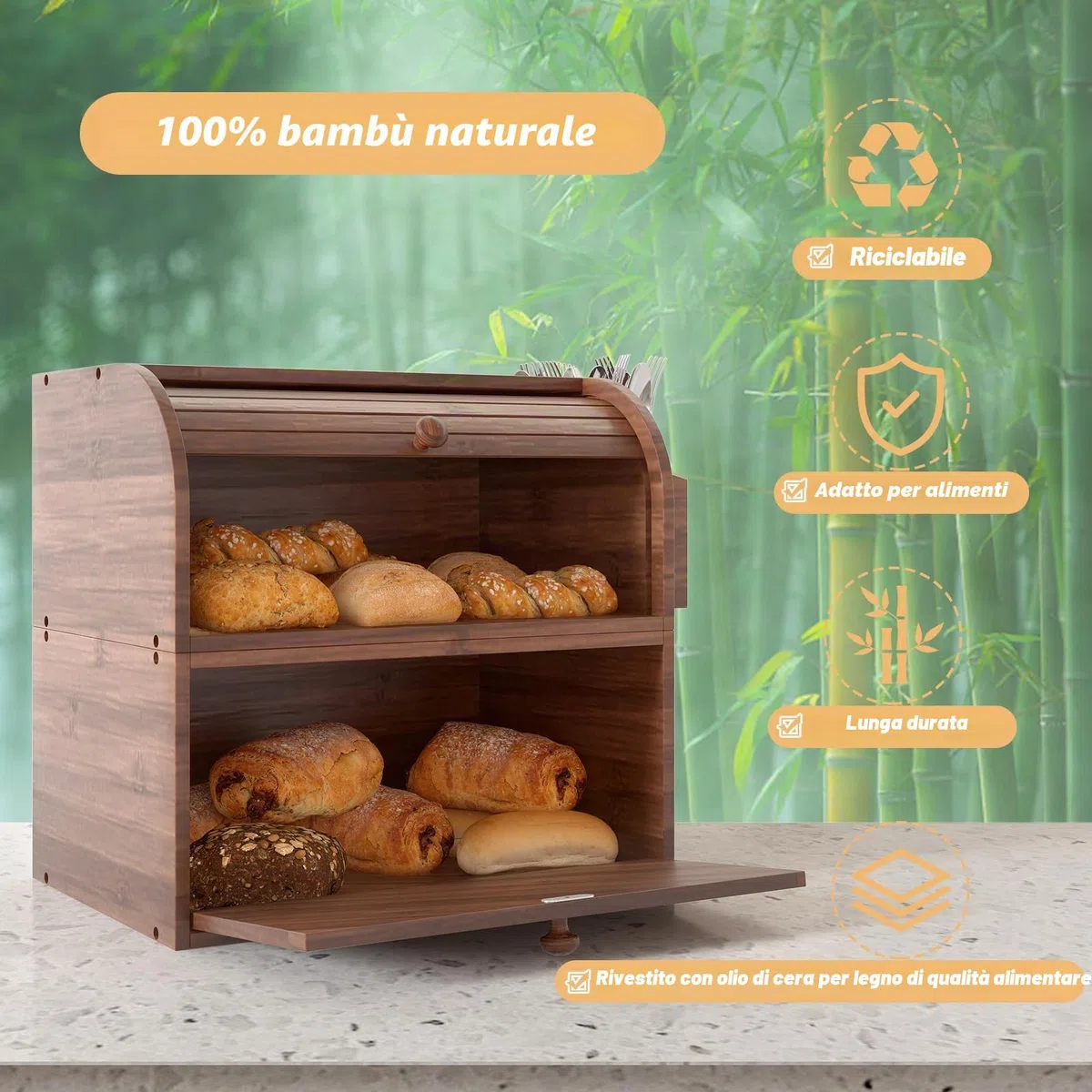 TQVAI Portapane Legno, Porta Pane da Cucina in Bambù Contenitore Grande 2 Ripian Capacità con Coperchio Arrotolabile Cestino per Posate, Marrone Retrò, 37,98 x 24,9 x 36,06CM(L*P*A)