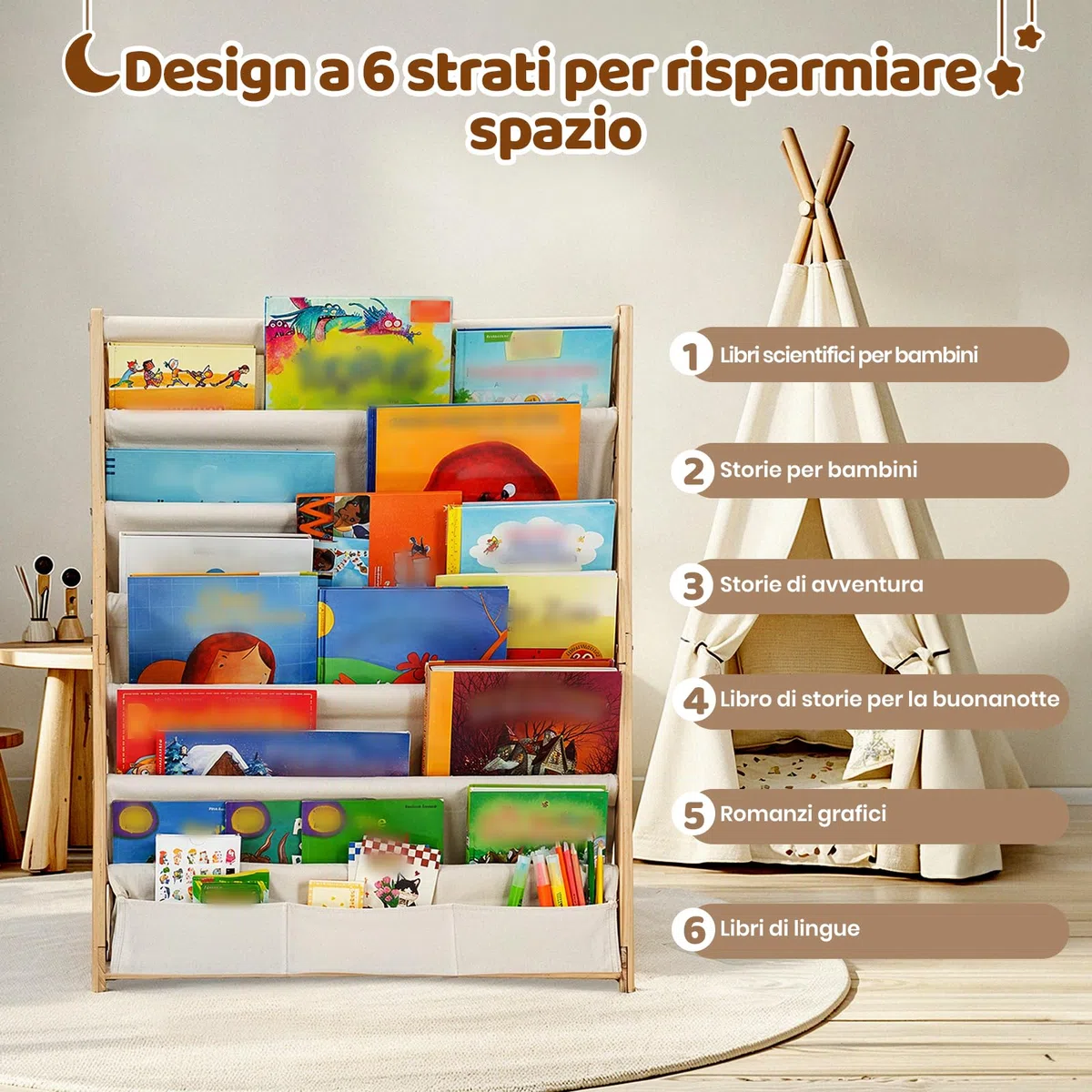 COSYLAND Libreria Montessori per Bambini Con 6 Scomparti in Tessuto Oxford - Libreria per Bambini in Legno Naturale - Libreria Montessori Con Bordi Arrotondati e Design Spazio-Saving(Naturale)