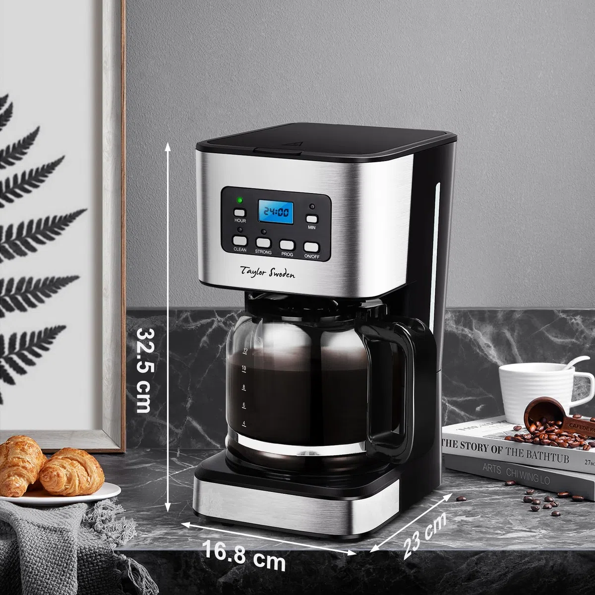 Taylor Swoden Darcy - Macchina da caffè Americano 950W per 12 tazze e capacità da 1,5 L con filtro riutilizzabile e base con mantenimento caldo, sistema antigoccia, timer e BPA FREE