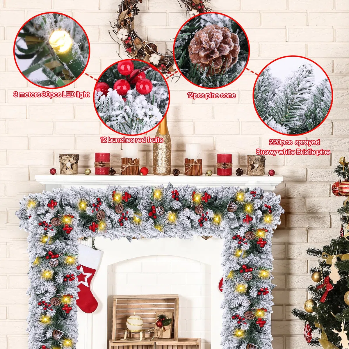 Ghirlanda natalizia con illuminazione 30 LED - Ghirlanda di abete da 2,7 m con palline di fiori illuminate - Ghirlanda natalizia in rattan natalizia per scale interni esterni natalizi