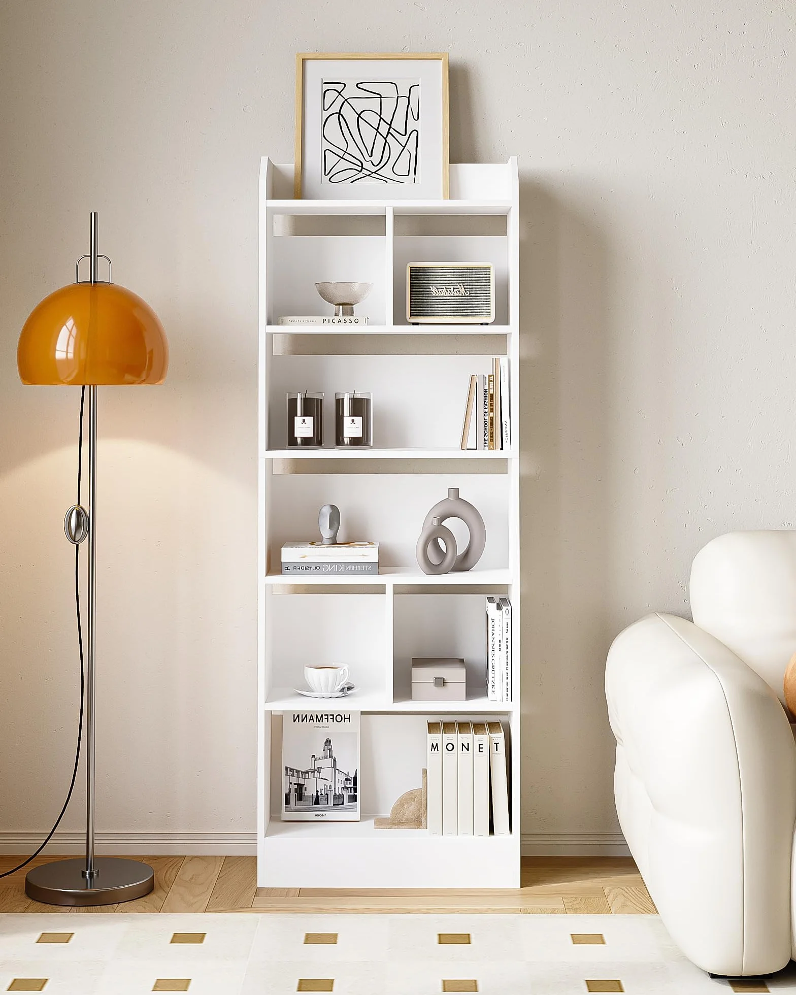 Hzuaneri Libreria a 6 Ripiani, Scaffale con Scomparti e Ripiani Aperti, Organizzatore, Libreria Verticale Mobiletto Multiuso per Soggiorno, Studio, 24 x 60 x 170 cm, Bianco BC11103X