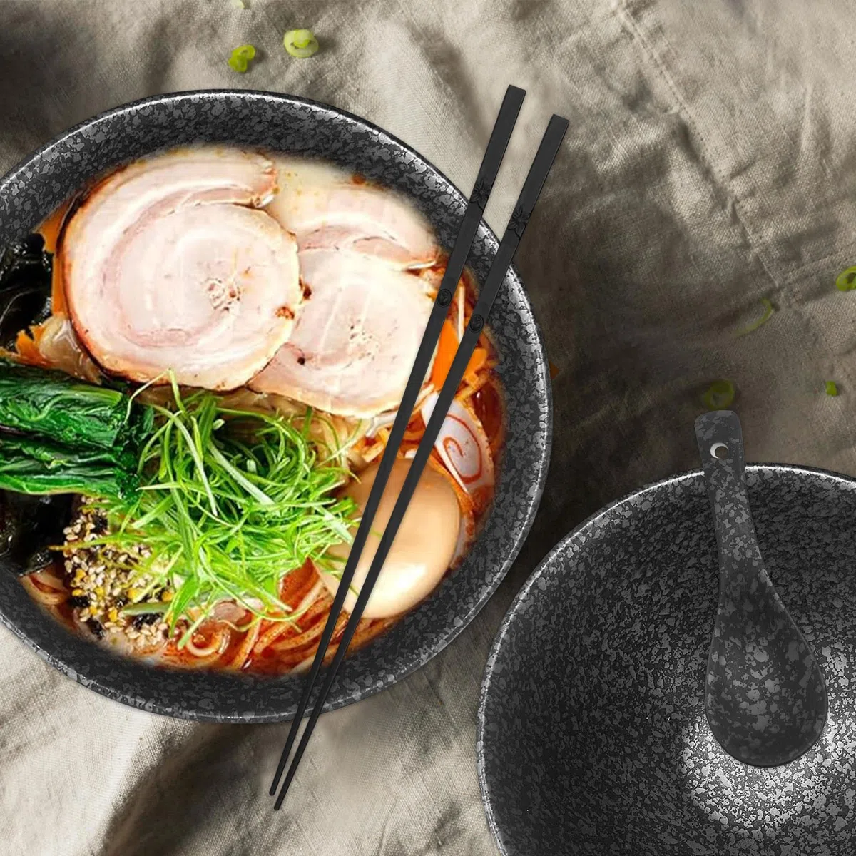 Ramen - Ciotola in ceramica, 2 ciotole da 1200 ml, in ceramica, con bacchette e cucchiai, 2 set di ciotole giapponesi