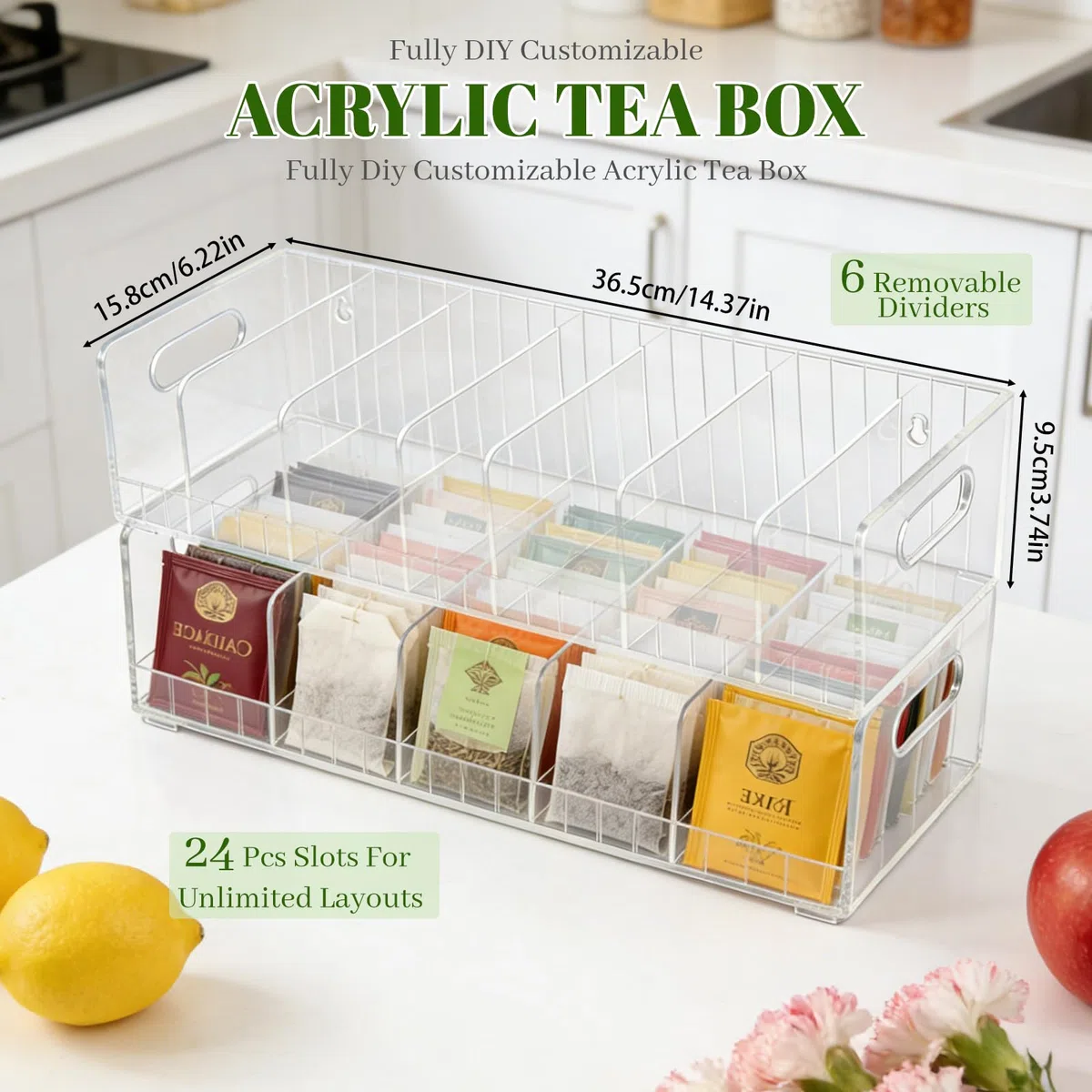 2 Pezzi Scatola Porta Bustine di Tè in Acrilico, Porta Tisane Bustine di Plastica Impilabile, Scatola da Tè con 7 Scomparti, Contenitore per Bustine di Tè per Capsule di Caffè, Infusi, Trasparente