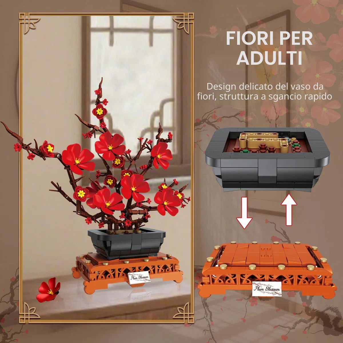 Mavo brix Set di Costruzioni con Fiori di Pruno, Set di Vasi per, Collezione Botanica per Adulti, Arrangiamento di Mazzetto di Fiori, Decorazione per Sala, Casa e Ufficio, 669 Pezzi