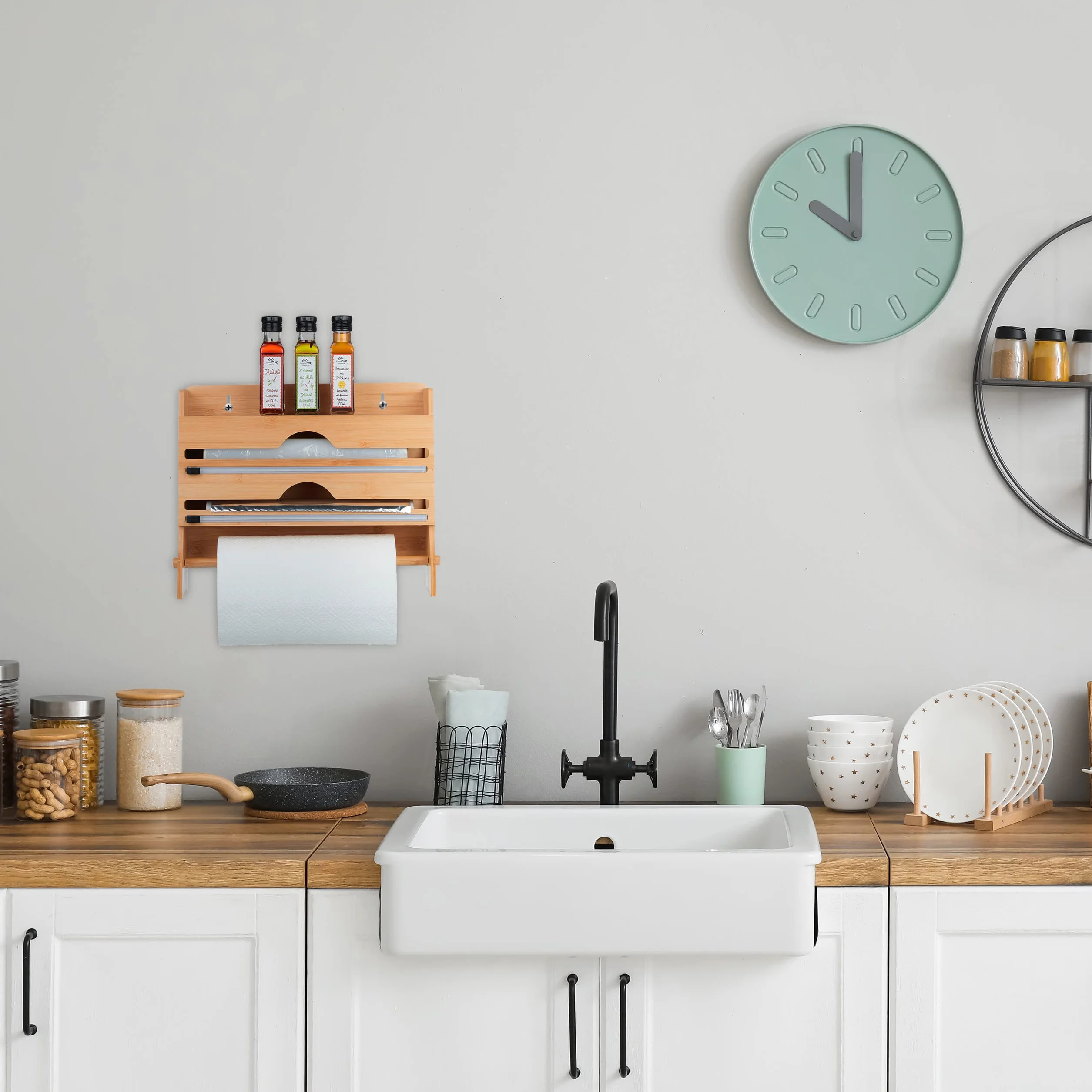 Relaxdays Porta Spezie e Scottex, 3 in 1, per Rotoli di Carta Forno, Pellicola, Alluminio e Rotolone da Cucina, Marrone