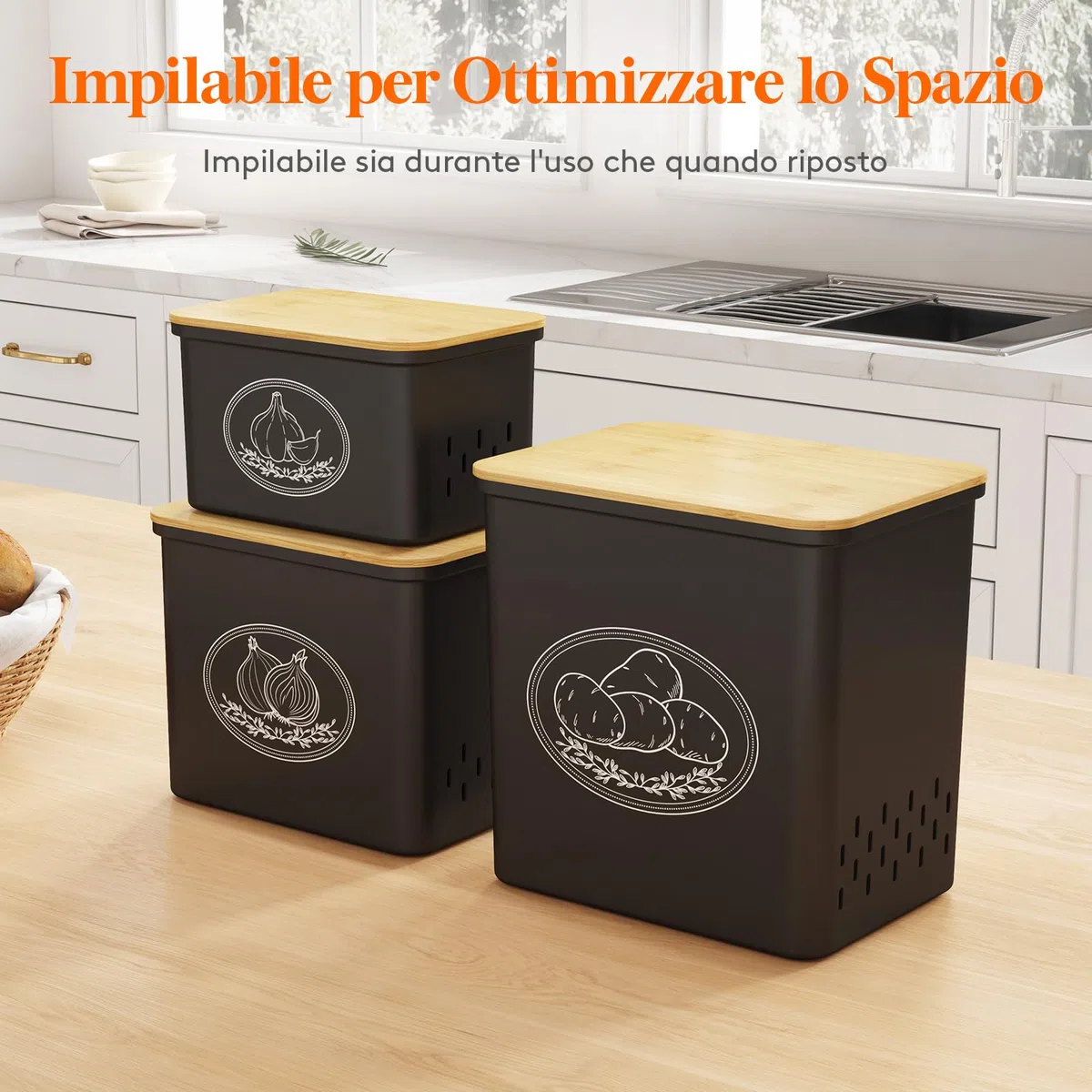 Lifewit Porta Patate, Grandi Porta Cipolla con Coperchio e Fori di Ventilazione, Contenitori Cucina Impilabili in Plastica, 24 cm(H), Nero, 3 Pezzo