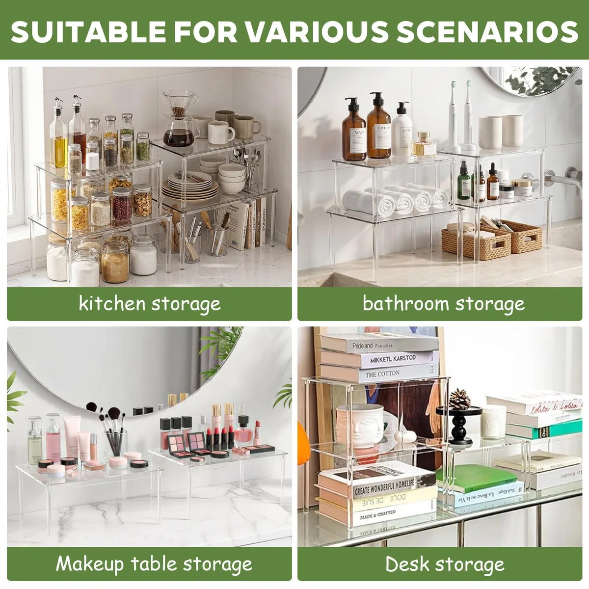 Set di 4 Organizer Cucina Alzatina Cucina in Acrilico, Impilabile Mensole Cucina Adatto per Spezie, Tazze, Articoli Cosmetici e Per Riporre in Cucina