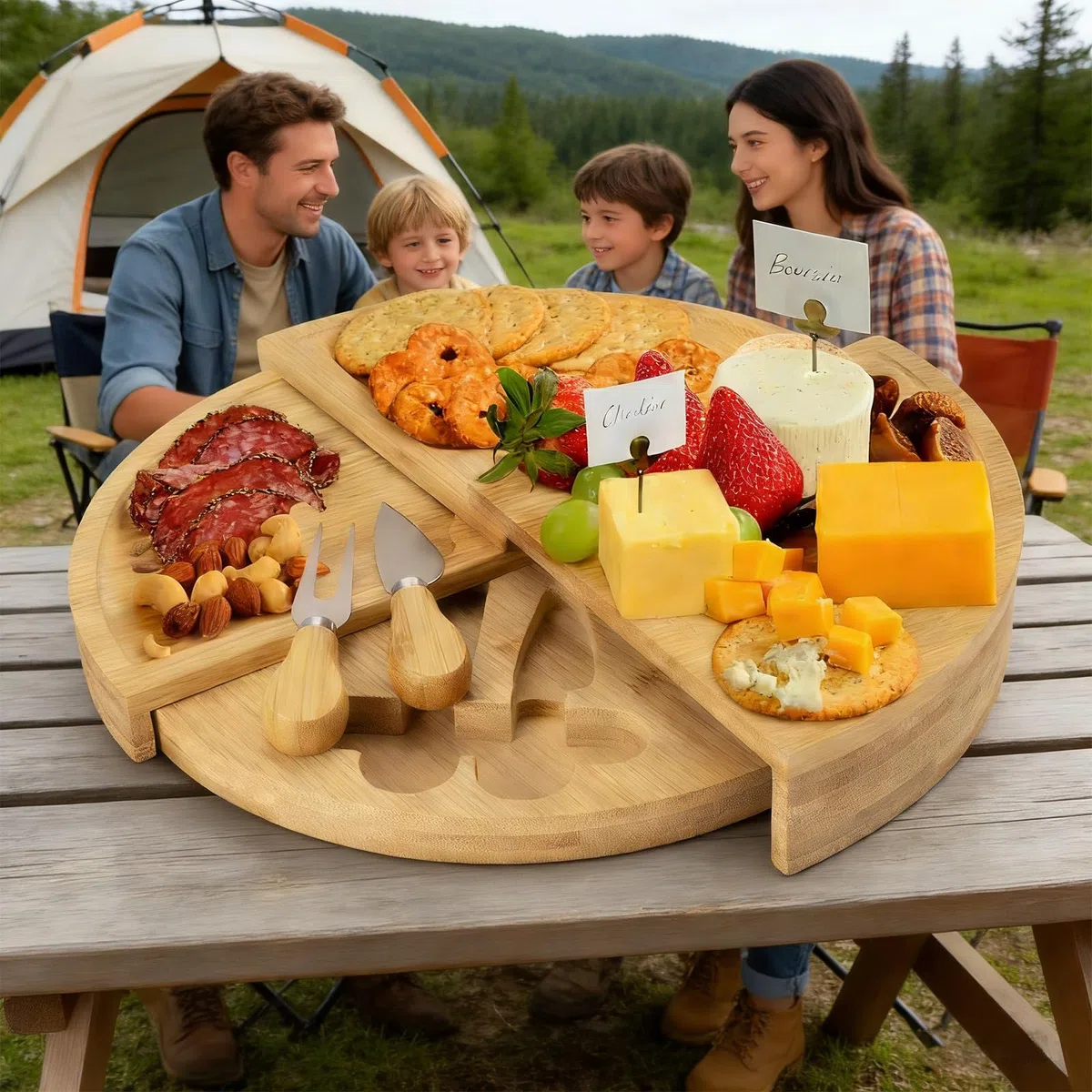 in Legno Tagliere Aperitivo, Rotonda e Girevole Latagliere per Formaggio Set 3 Coltelli 1 Forchetta, Tagliere Legno Regalo Casa Nuova