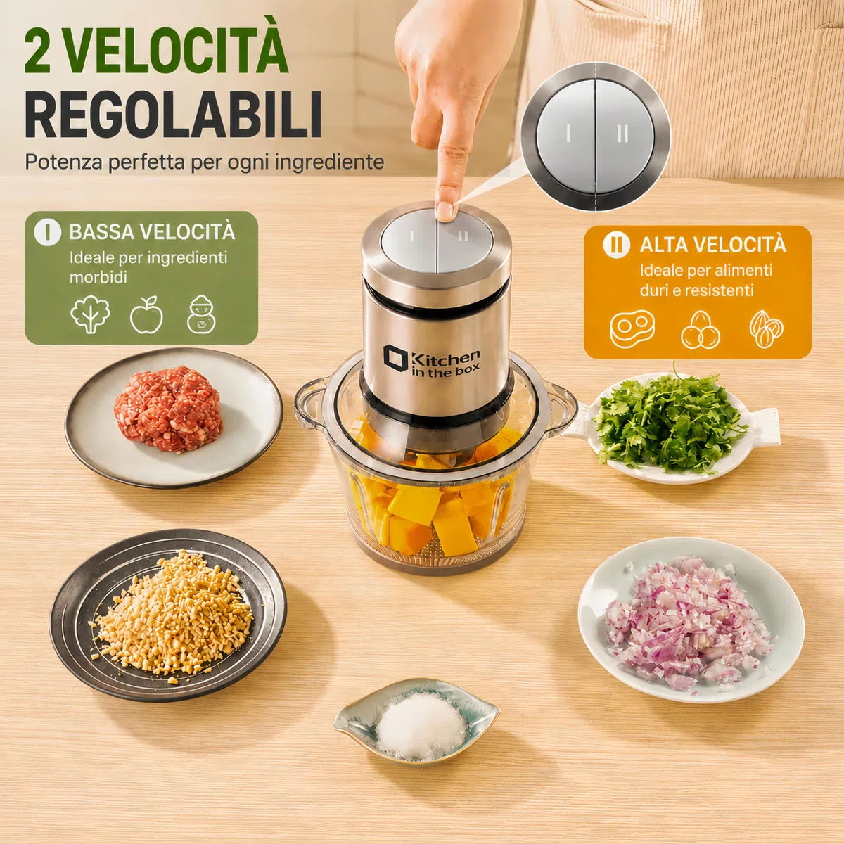 Kitchen in the box Tritatutto 2L con 2 Ciotole,Tritatutto da Cucina con 2 Set di 4 Lame in Acciaio inox,Tritatutto Elettrico a 2 Velocità per Verdure,Carne,Frutta Secca,400W