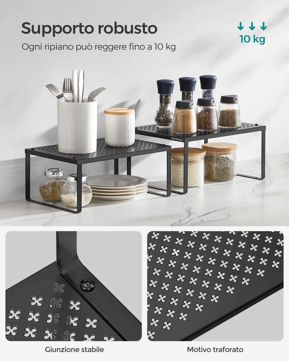 SONGMICS Scaffale Portaspezie, Set di 4 Organizzatori da Cucina Espandibili, Scaffale da Cucina Impilabile, Metallo, Nero Inchiostro KCS006B01