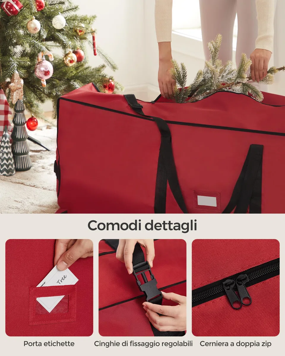 SONGMICS Borsa per Albero di Natale con Ruote da 4 cm, Custodia per Albero fino a 229 cm, per Albero Smontabile, Maniglie Regolabili, Tessuto Oxford 600D, Rosso Ciliegia RXS004R03
