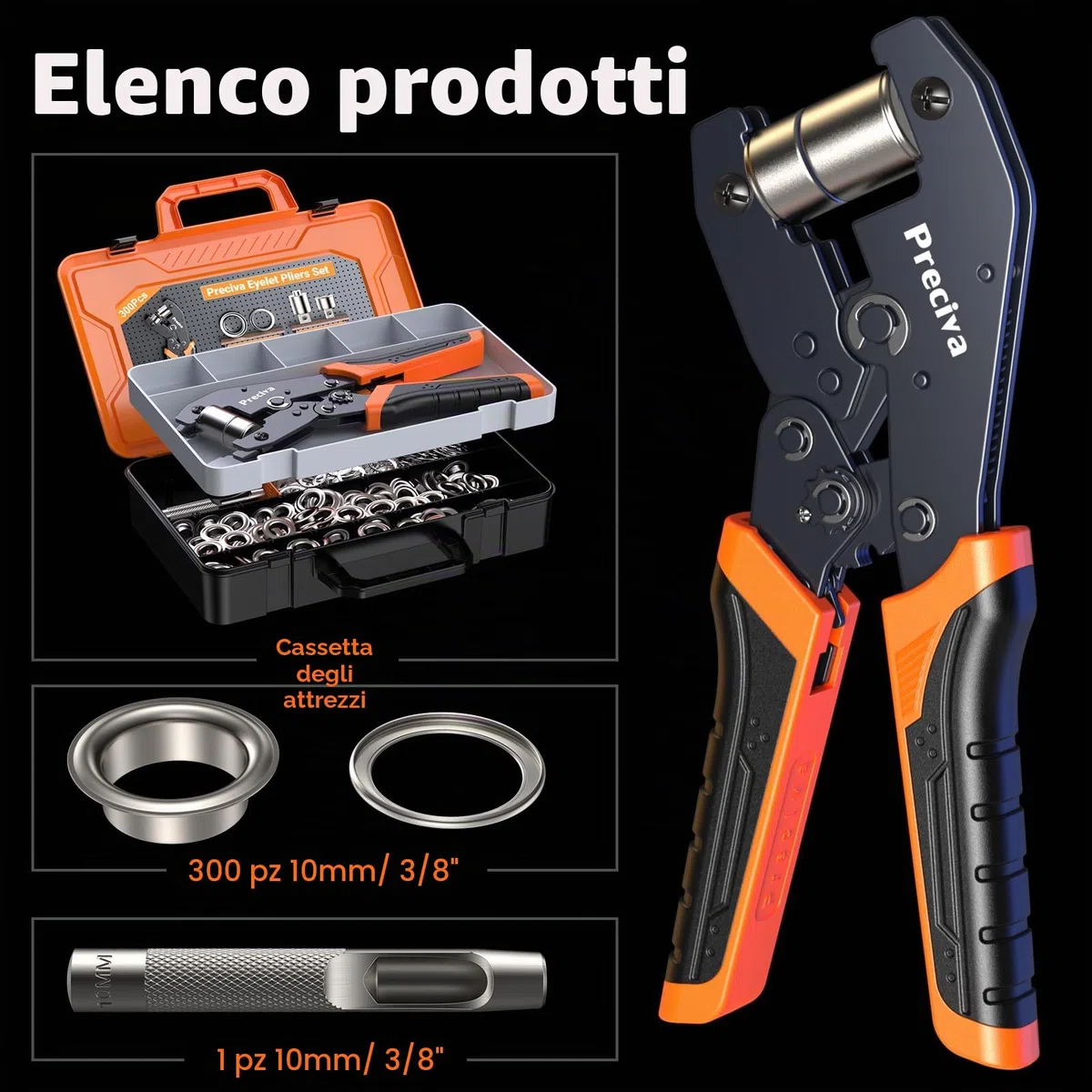 Preciva Set professionale di pinze per occhielli con 300 occhielli (diametro 10 mm), occhiello magnetico, occhielli per tessuti, teloni e tende da sole