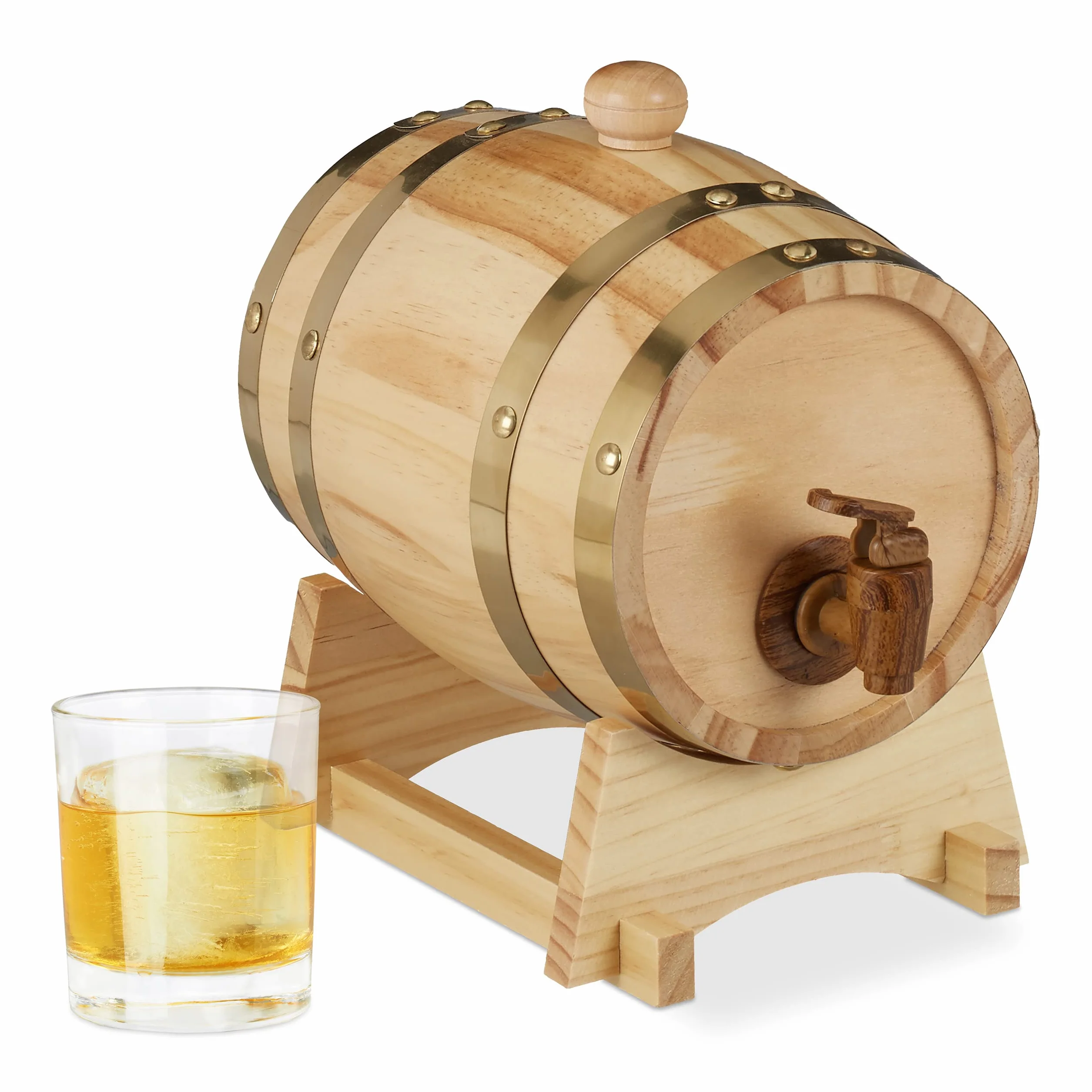 Relaxdays Botte di Legno da 1,25 L, con Supporto e Rubinetto, per Whisky Vino, Alcolici, HLP 23 x 16 x 25,5 cm, Naturale