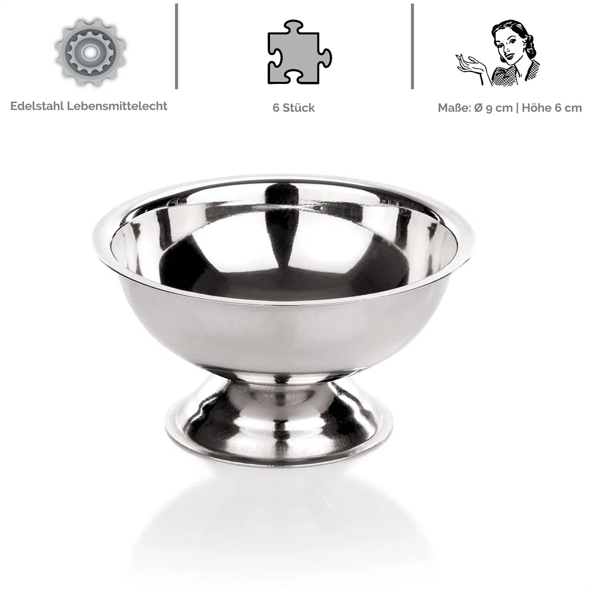 Kerafactum 6 bicchieri da gelato | rotondo | per dessert, Ø 9 cm | Ciotola per servire il gelato in acciaio inox | Ice Cream Bowl