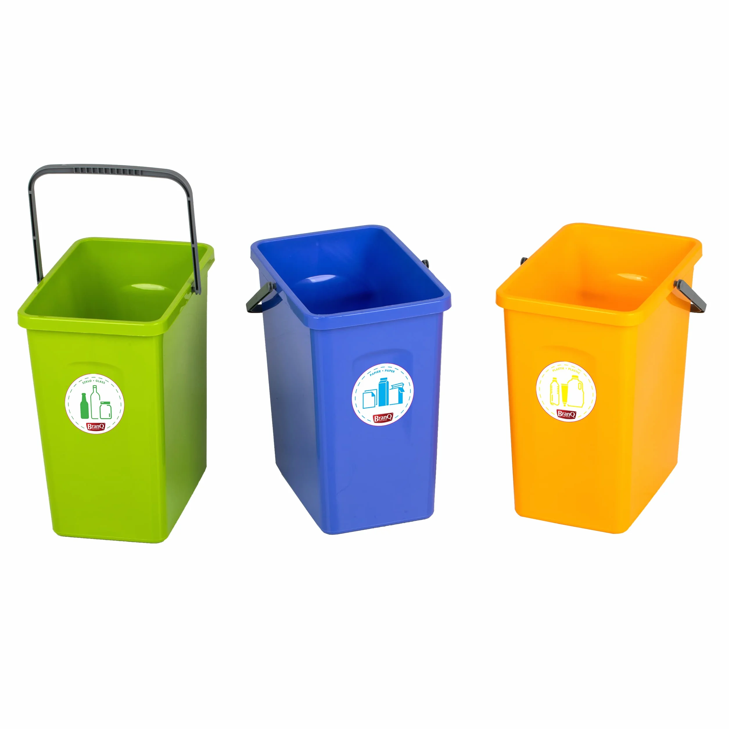 BranQ Home Essential Set Universale di 3 cestini per la Raccolta dei rifiuti con Pratico Manico in Materiale BPA di Alta qualità, Giallo/Verde/Blu, 17,5 x 26 x 29 cm (L x P x A), 5901098049603