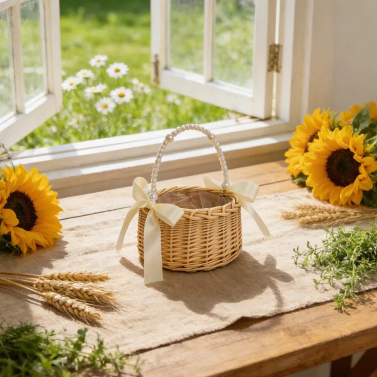 2 pezzi vimini rattan ragazza cesto di, cesto di fiori con manico e fiocco Cestini per fiori da sposa Cestino in vimini per il matrimonio (A)