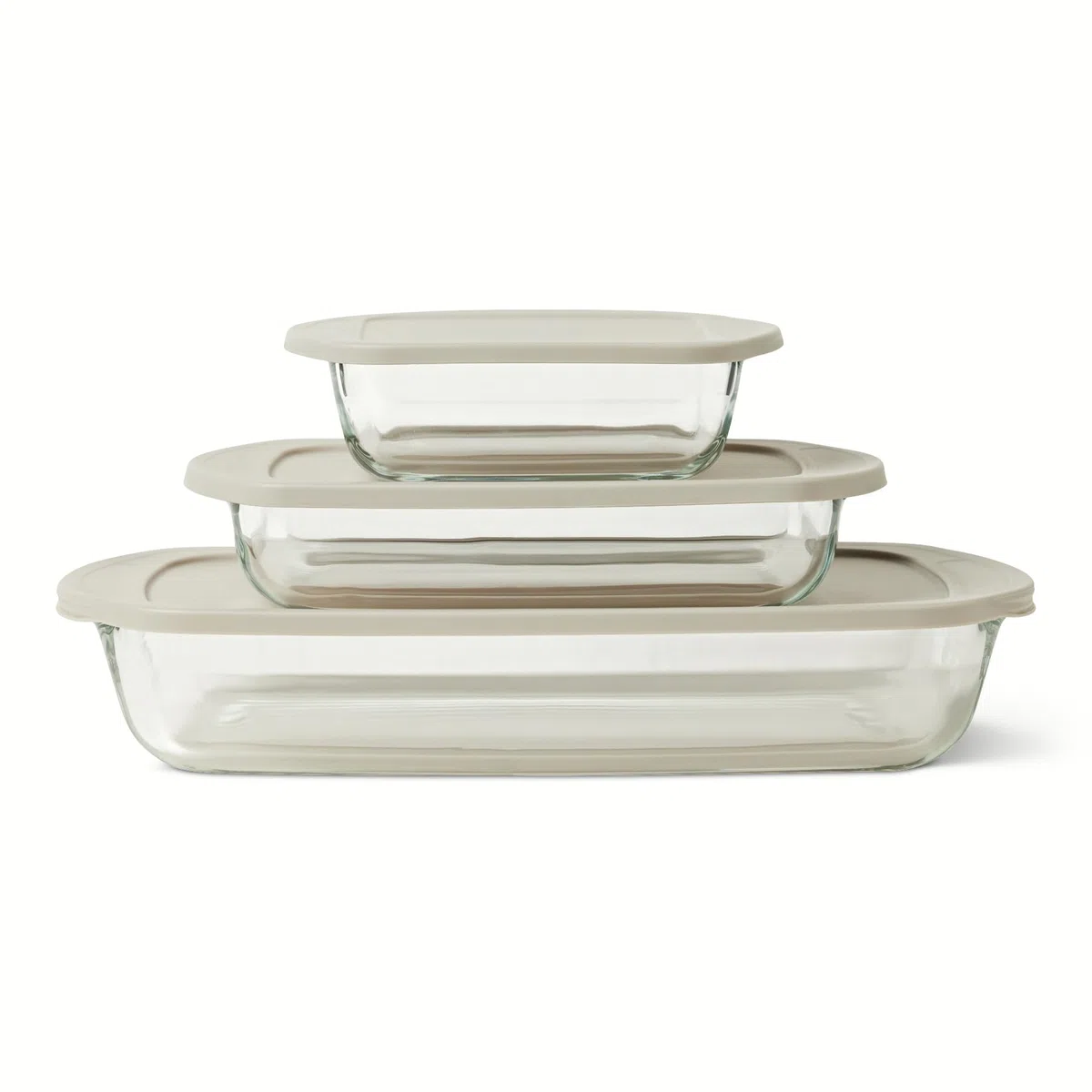 Amazon Basics Teglie da Forno in Vetro con Coperchi Senza BPA, Set di 6 Pezzi in Vetro Borosilicato, Lavabili in Lavastoviglie e Adatte al Forno, Grigio Lino