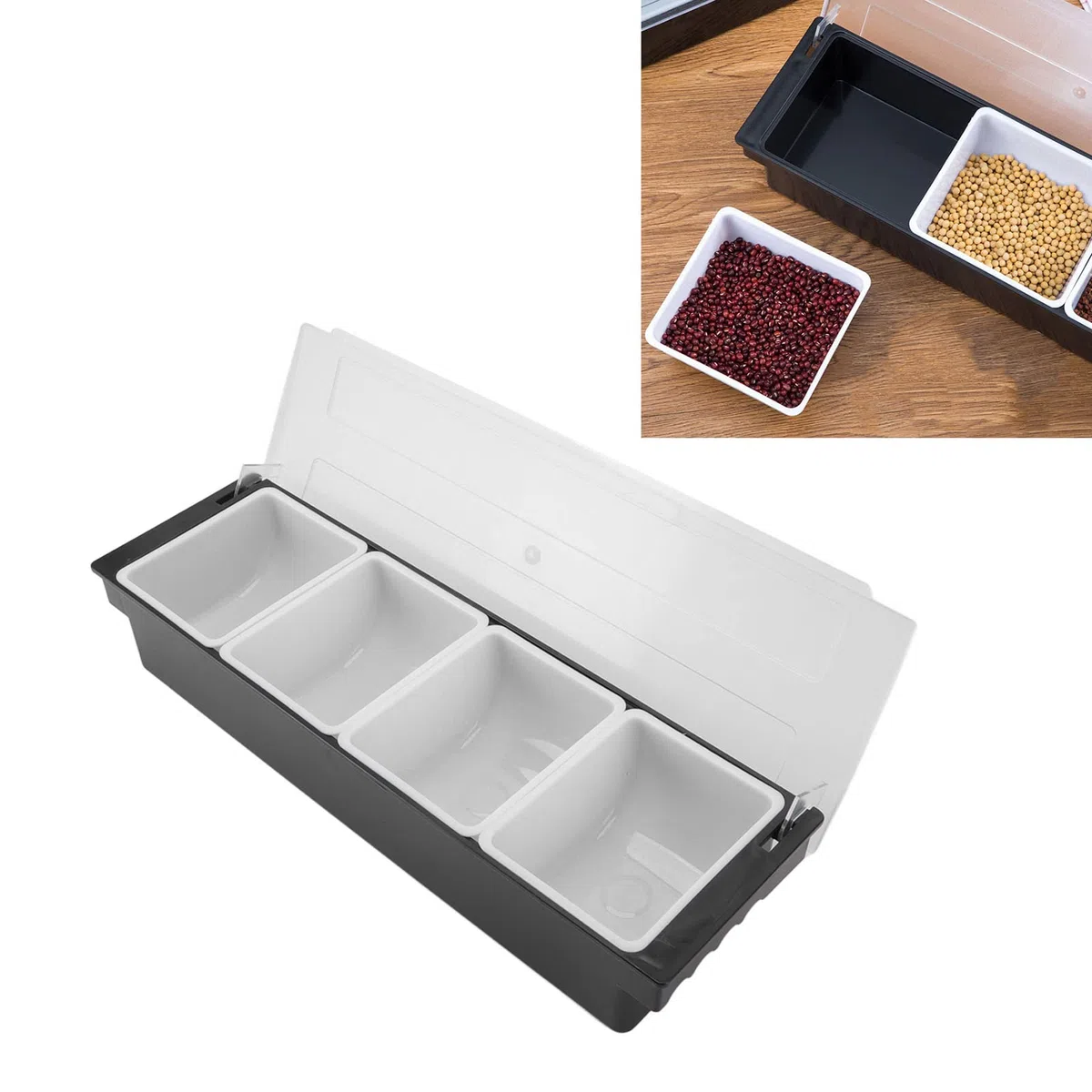 Contenitore per Frutta e Verdura con Coperchio, Contenitore per Dispenser di Condimenti per 4/6 Scomparti, Stazione di Decorazione in Plastica per Bartending e Servire Taco, Gelato,(4 scomparti)