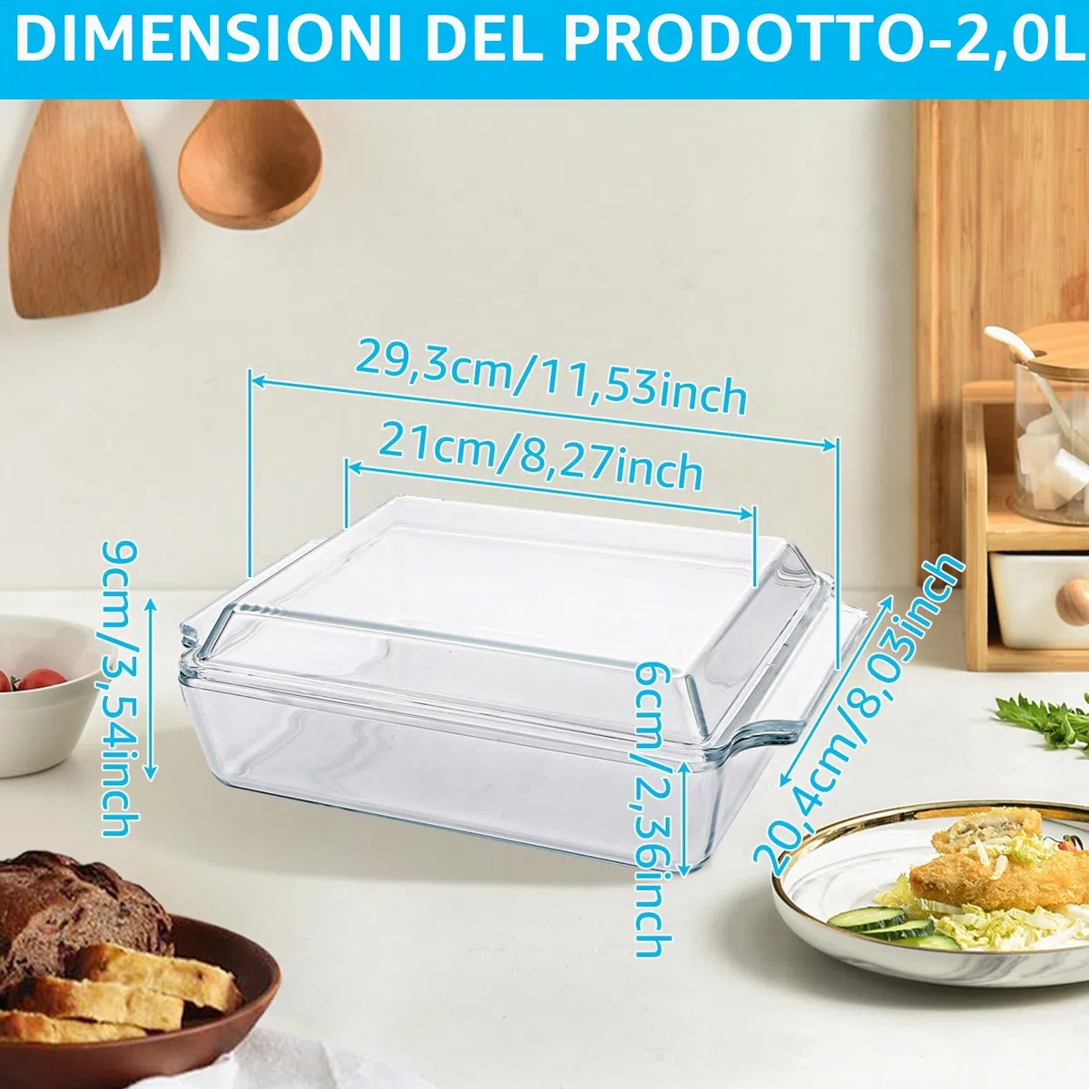 Pirofila rettangolare da 2 l, con coperchio, in vetro, 29 x 20 x 9 cm, per arrosti, forno, fornelli elettrici, pirofila resistente al calore per lasagne, carne