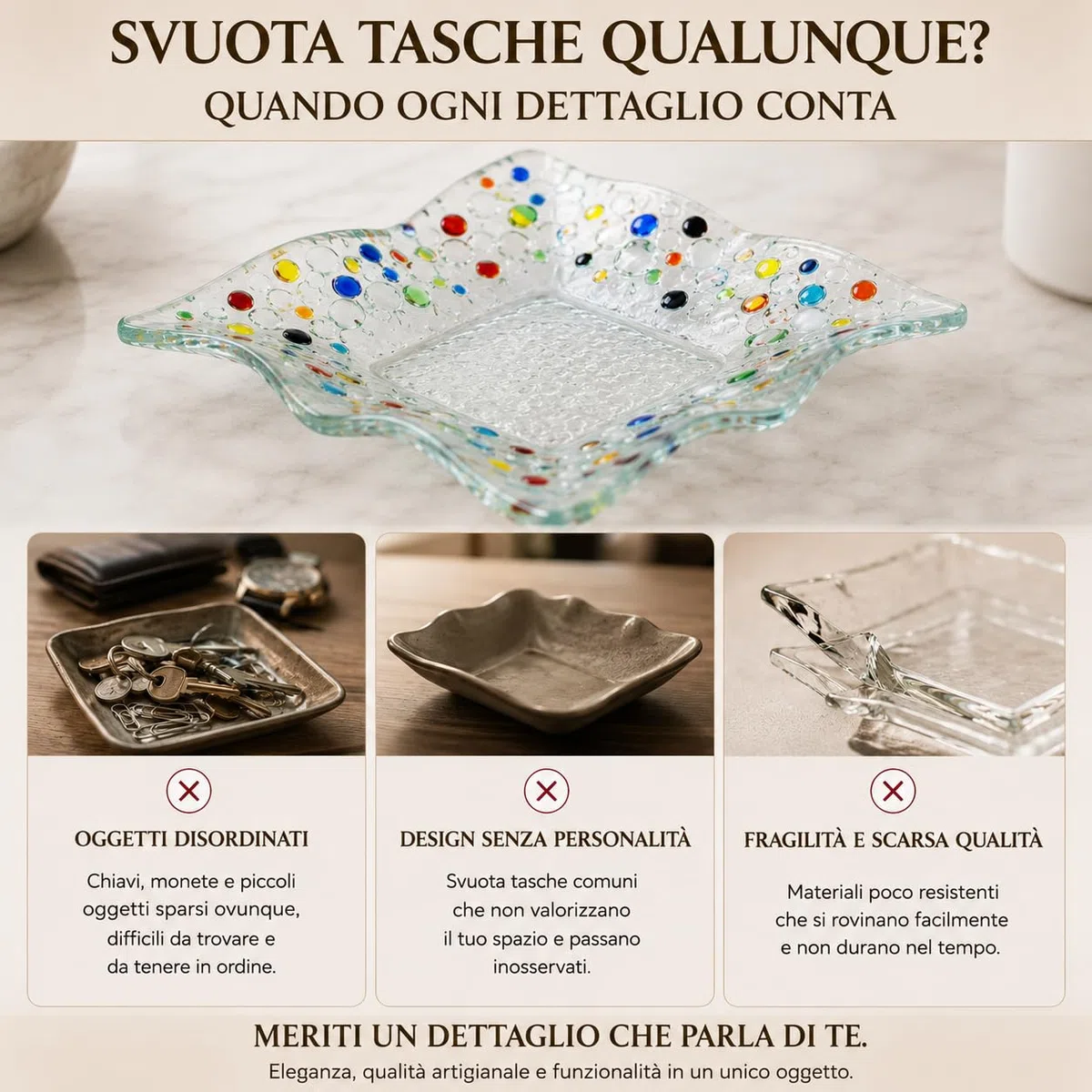Sospiri Venezia - Svuotatasche Vetro Murano Decorato a Mano Soprammobile Casa- Idea Regalo Cerimonia Bomboniera con Scatola Elegante (18,5x18,5 cm, Quadrato)