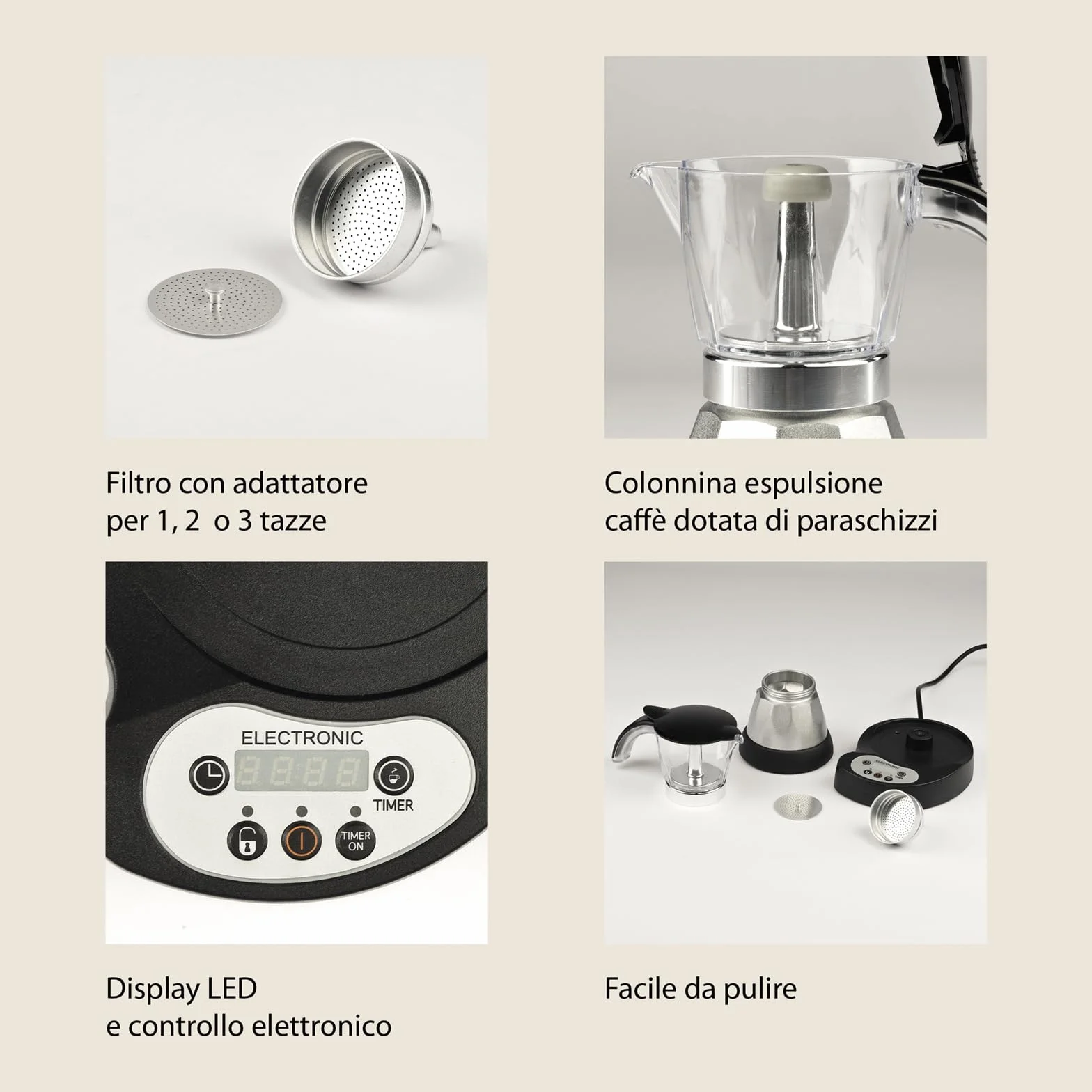 Girmi MC23 Moka elettrica Programmabile per caffè in polvere, da 1 a 3 tazze, 400W, Display LED, Timer, Mantenimento in caldo, Rotazione 360°, Nero/argento