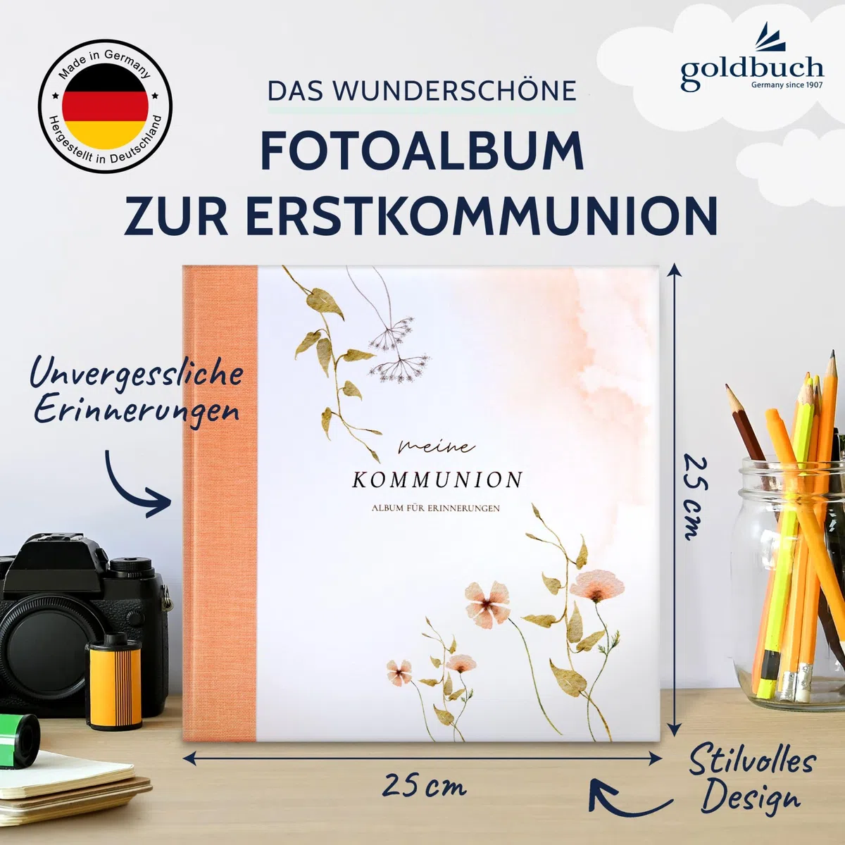 goldbuch 03 038 - Album fotografico Comunione Blütenzauber, 25 x 25 cm, 44 pagine bianche con divisori in pergamena, 4 pagine illustrate, 6 pagine di design da incollare, stampa artistica, colore