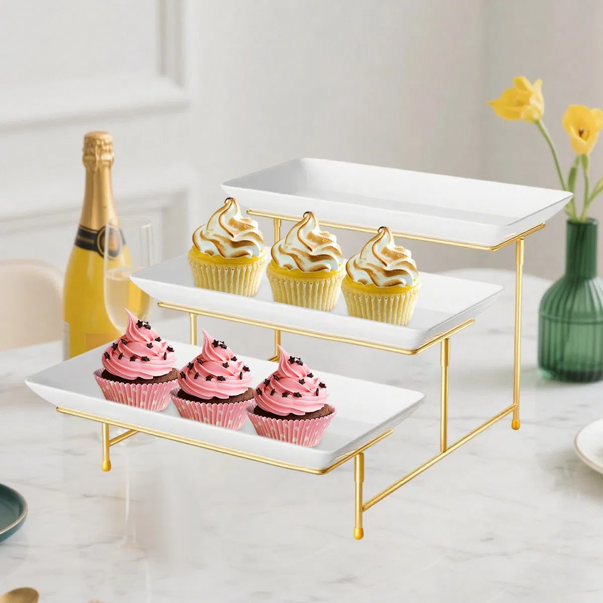 Set di Vassoi a Strati per Servire Frutta E Dolci Design Elegante E Pratico Adatto per Feste in Giardino Pranzi E Aperitivi, Oro