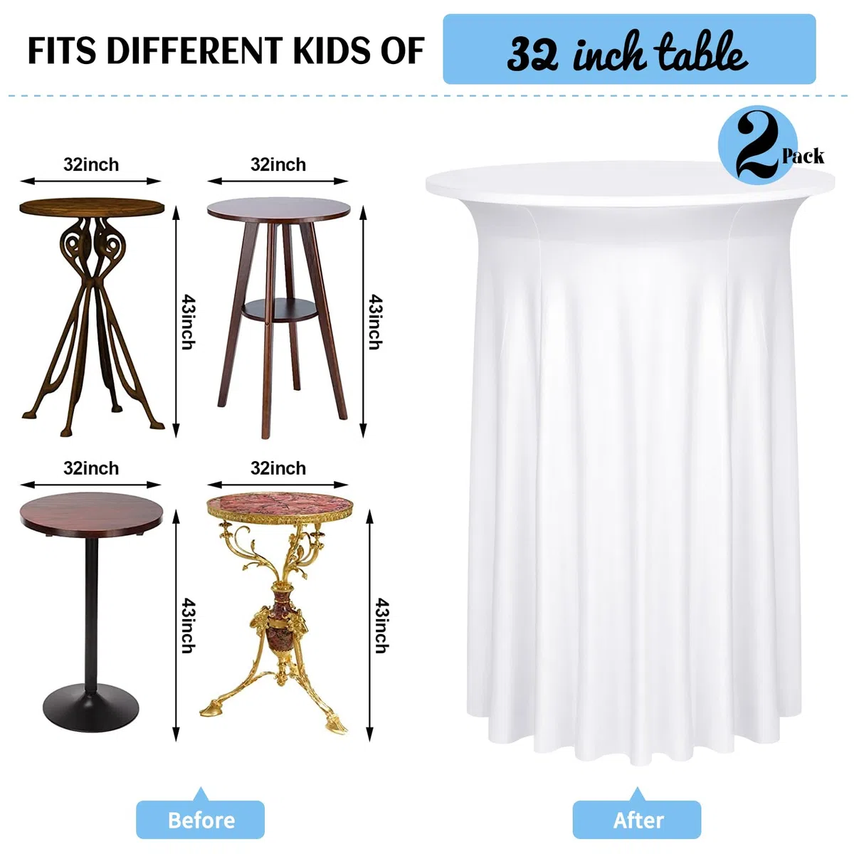 2 Confezioni di tovaglia da cocktail in spandex bianco, gonna corta, tavola rotonda alta tovaglia elastica set, tovaglia da cocktail ondulata per ricevimenti nuziali (32 "x43)