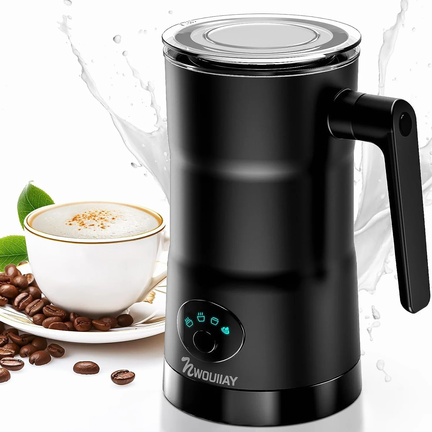Montalatte Elettrico 600W 350ML 4 IN 1 Cappuccinatore Elettrico Macchina per Schiuma Automatico Latte Calda Fredda Montalatte per Cappuccino Macchiato Caffè Latte e Cioccolata Calda
