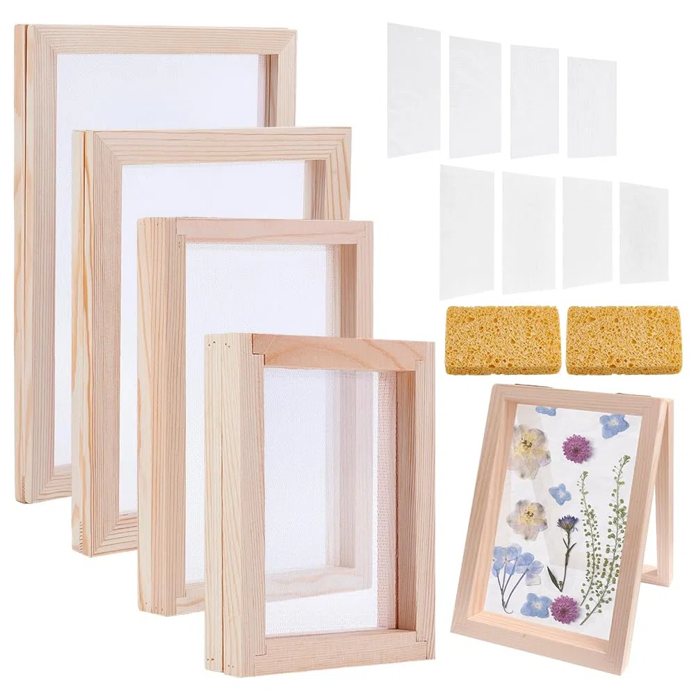NBEADS 4 Set di Schermi In Legno per La Fabbricazione Della Carta, Telaio per Stampi per Fabbricazione Della Carta con Tessuto Non Tessuto Spugna Abrasiva per Forniture Fai Da Te Lavoretti con Carta