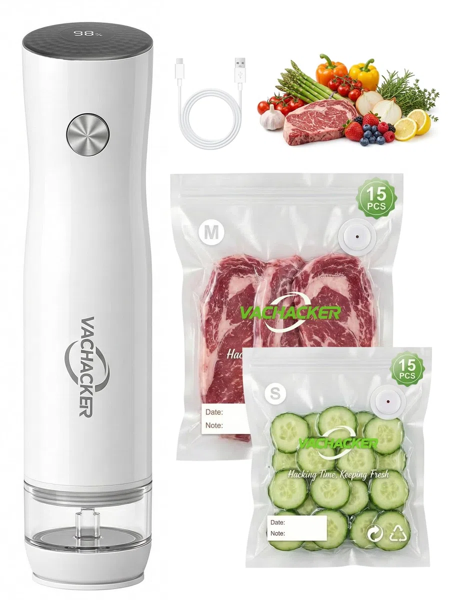 Macchina Sottovuoto Alimenti con Serbatoio Visibile, Vachacker Sottovuoto Alimenti Portatile con 30 Sacchetti per Sottovuoto, 60kPa Potente Vacuum Sealer