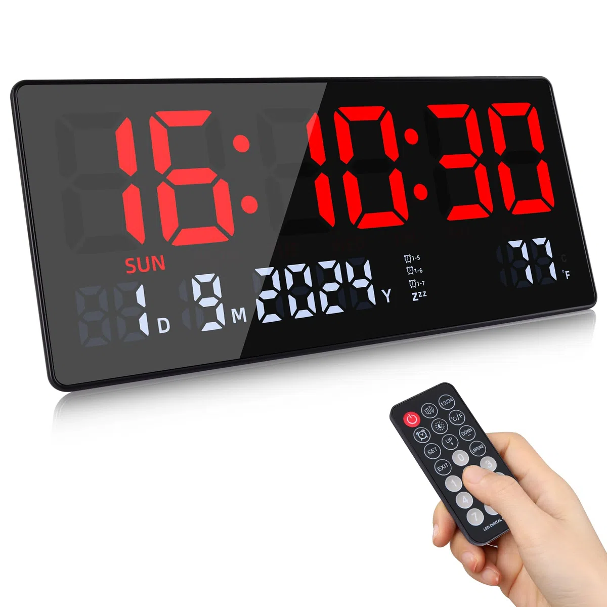 Fuloon Orologio da Parete Digitale, 15.5" Grande LED Orologio da Parete Digitale con Calendario, Secondi, Temperatura, Data, Settimana, LED Sveglia da Tavolo con Supporto per Soggiorno Cucina Ufficio
