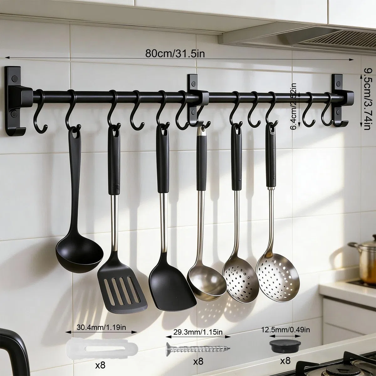 Barra Portautensili Cucina 80 cm, Alluminio Barra Appendi Utensili da Cucine, Appendi Mestoli da Cucina con 12 Ganci Rimovibili, Multifunzione Gancio, per Cucchiai, Taglieri, Forbici