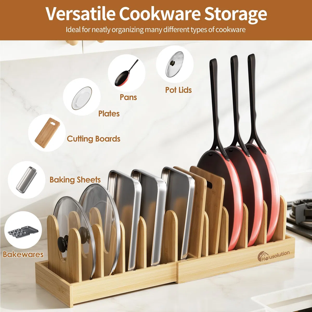 Housolution Bambù Porta Pentole e Padelle da Cassettone, 40cm-75cm Espandibile Porta Coperchi Pentole con 10 Scomparti Regolabili, Organizer Coperchi Pentole e Padelle per Cucina