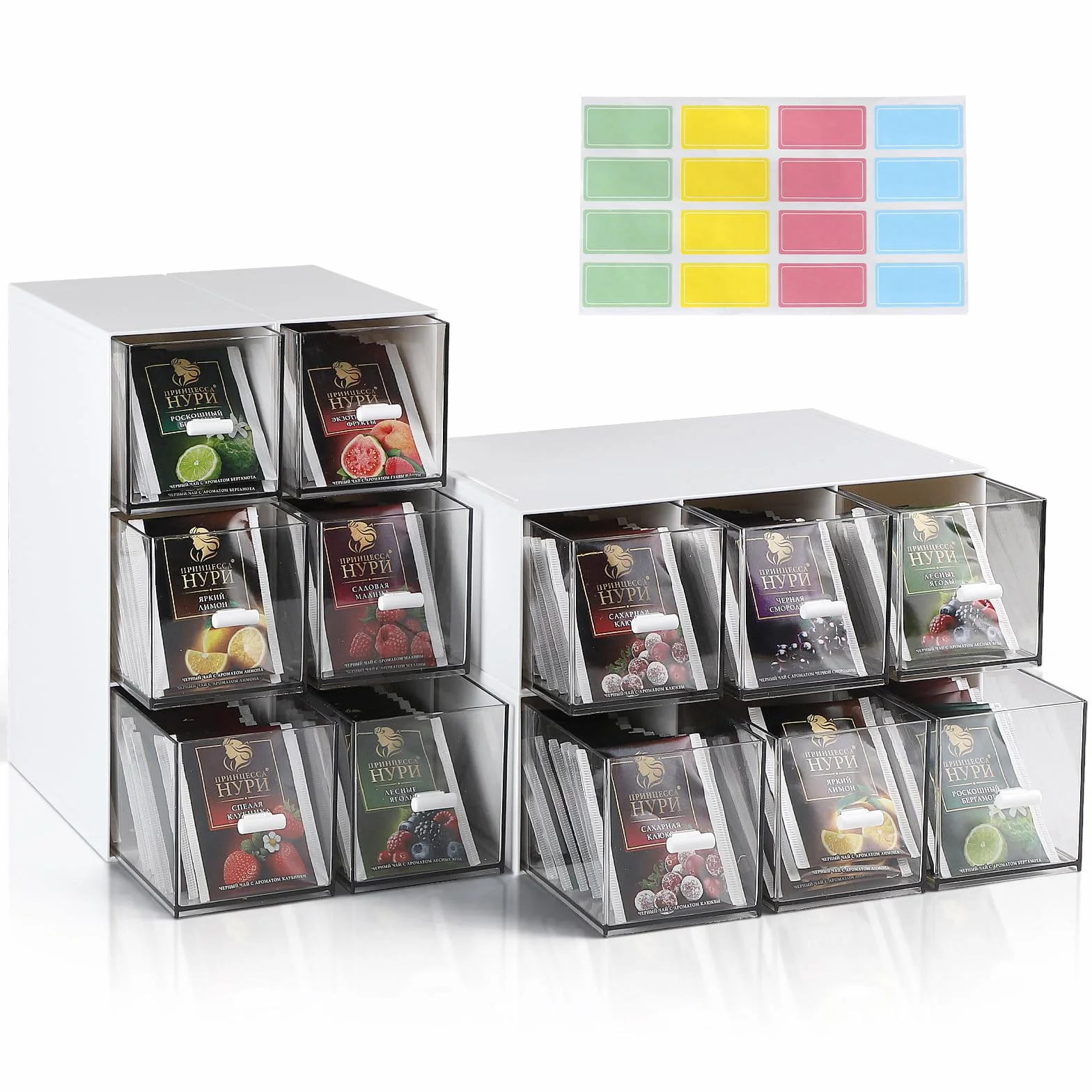 efuturetime 4 Pezzi Scatola da Tè con Cassetti 22,6x16,5x7,7cm Porta Tisane Bustine di Plastica Impilabile, Contenitore per Bustine di Tè per Capsule di Caffè, Infusi, Bianco