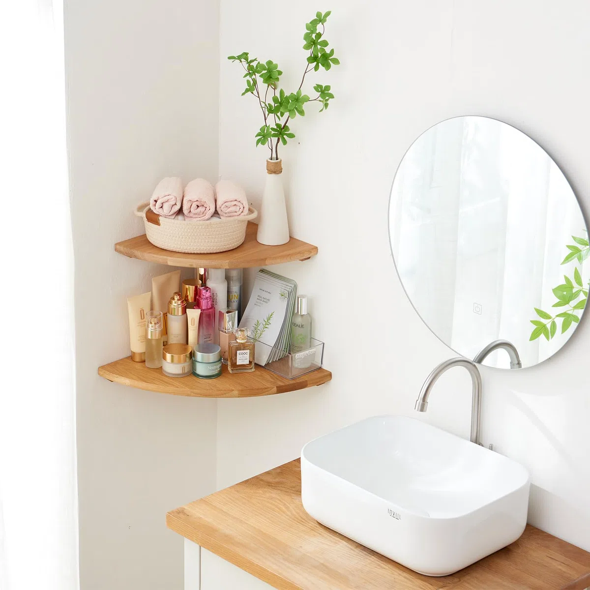 Mensola Angolare in Legno Massello, Quercia Angolare a Parete per Bagno, Cucina, Camera da Letto, Angolare in Legno da Appendere (25cm)